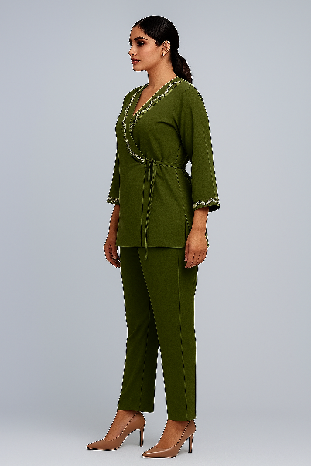 Elegant Olive Wrap-Style Kurti Set