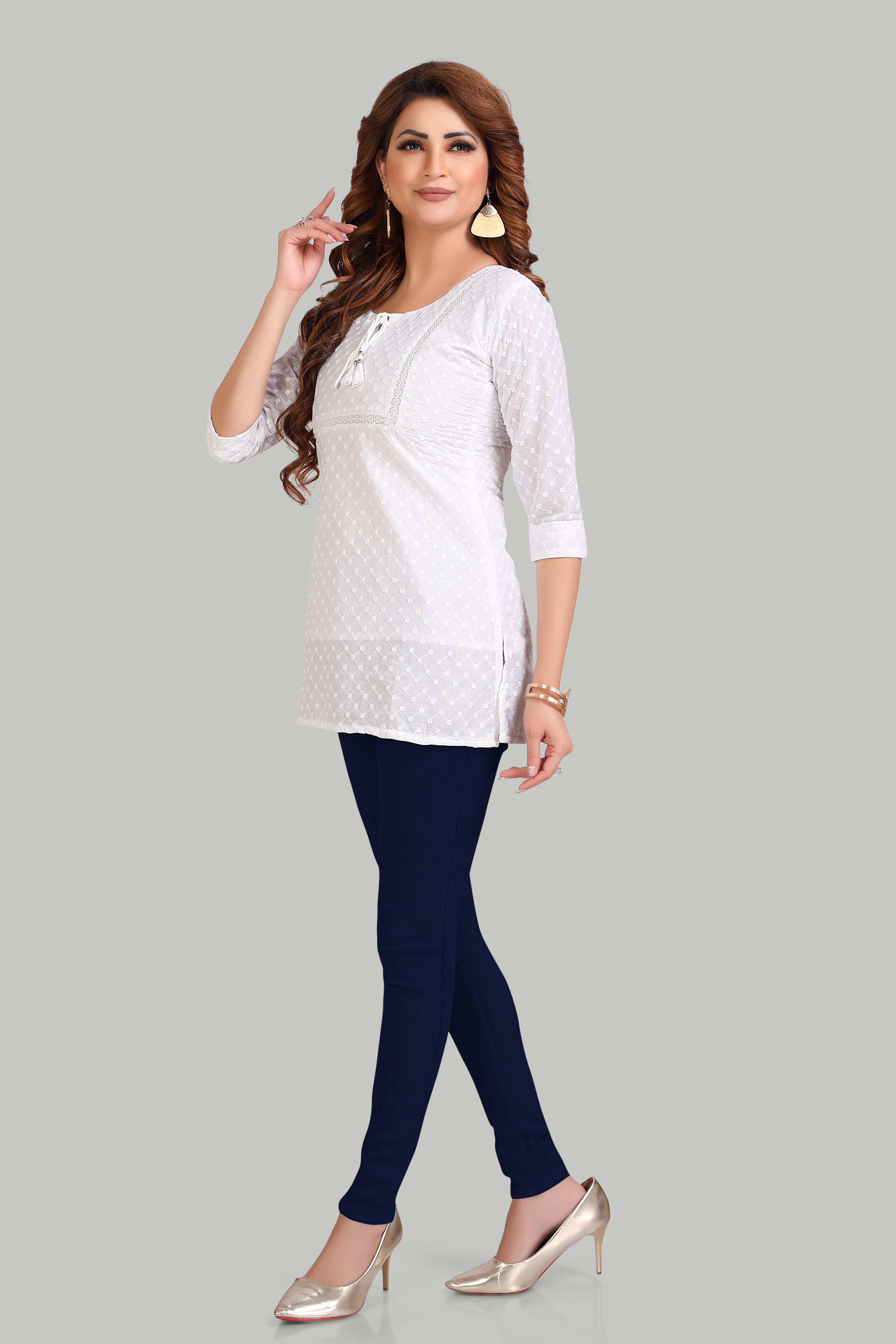 Elegant White Embroidered Kurti with Three-Quarter Sleeves