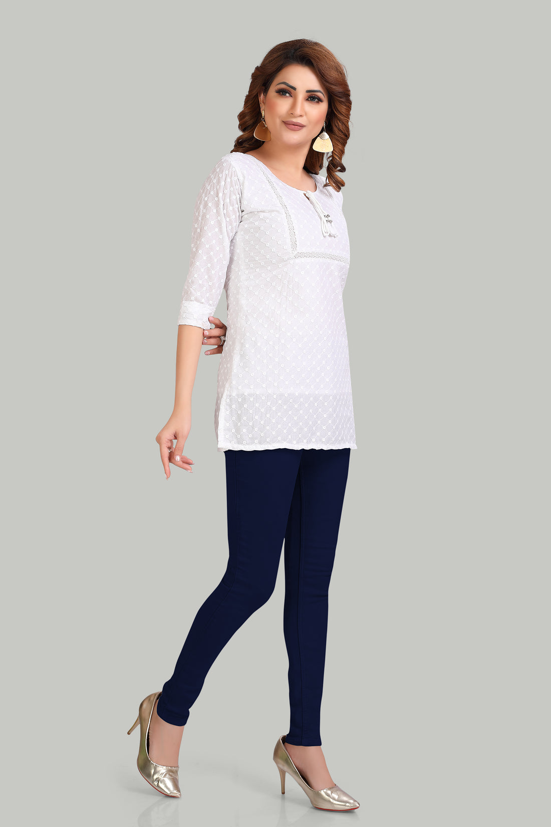 Elegant White Embroidered Kurti with Three-Quarter Sleeves