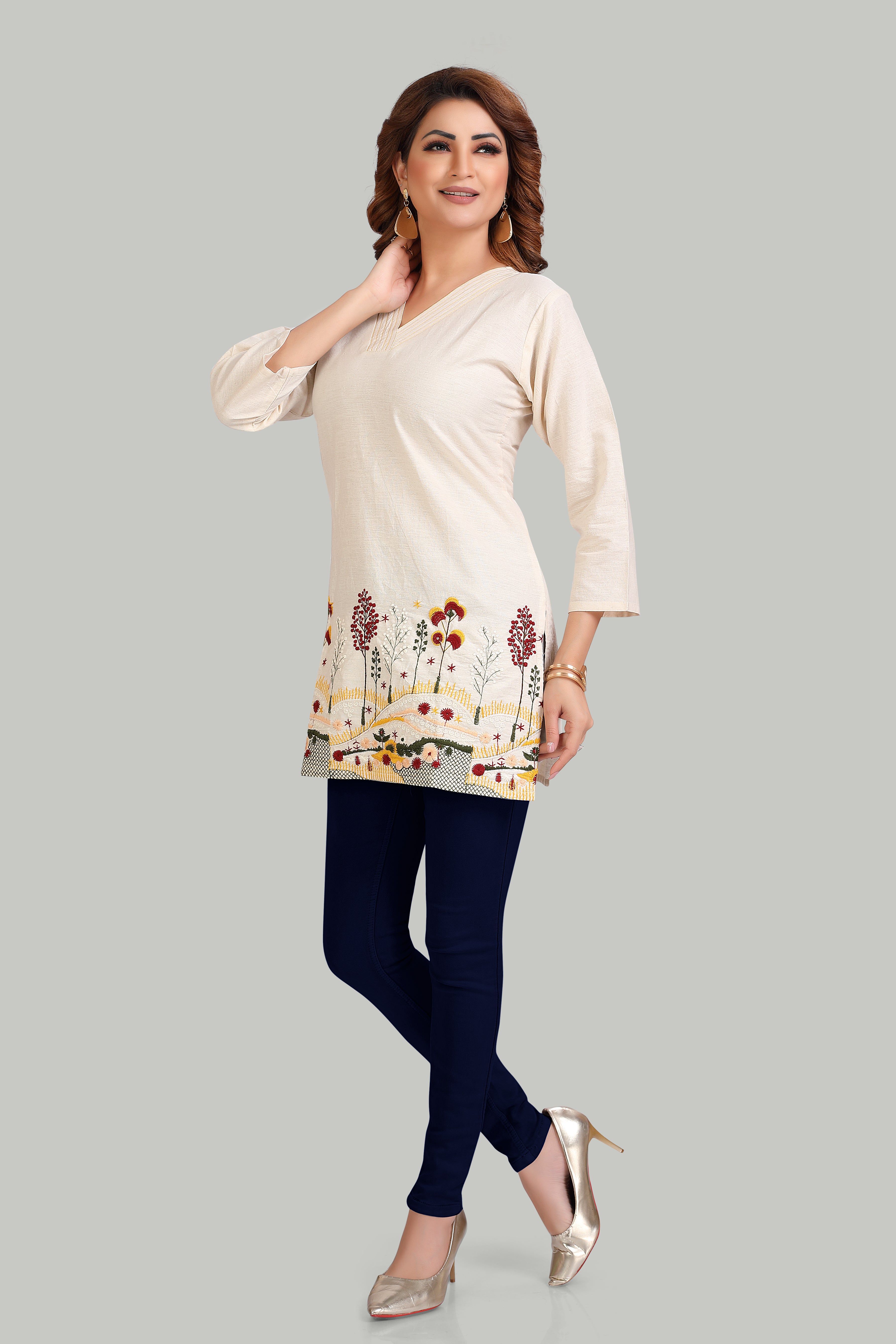 Cream Kurti with Nature-Inspired Embroidery