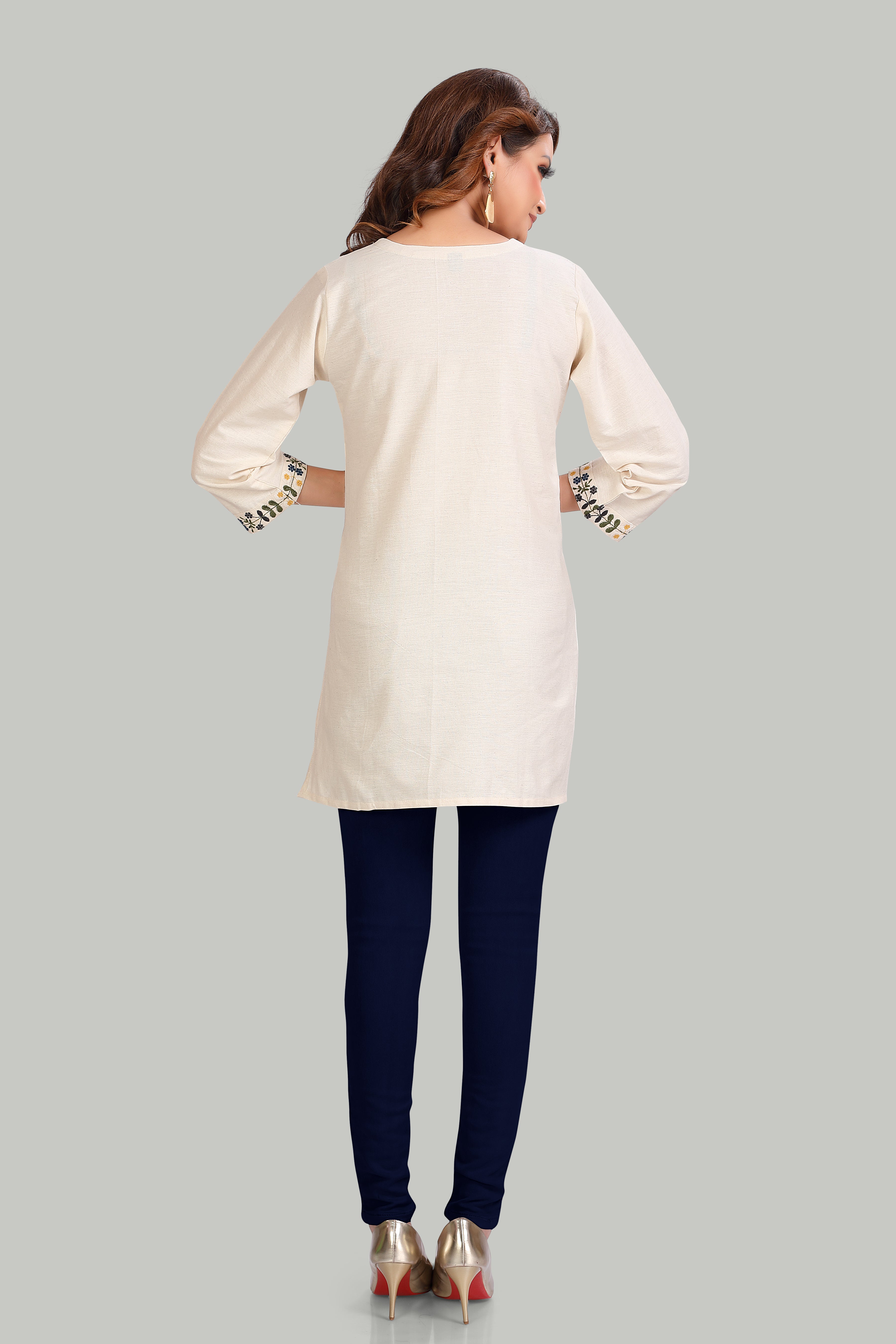 Cream Floral Embroidered Cotton Kurti