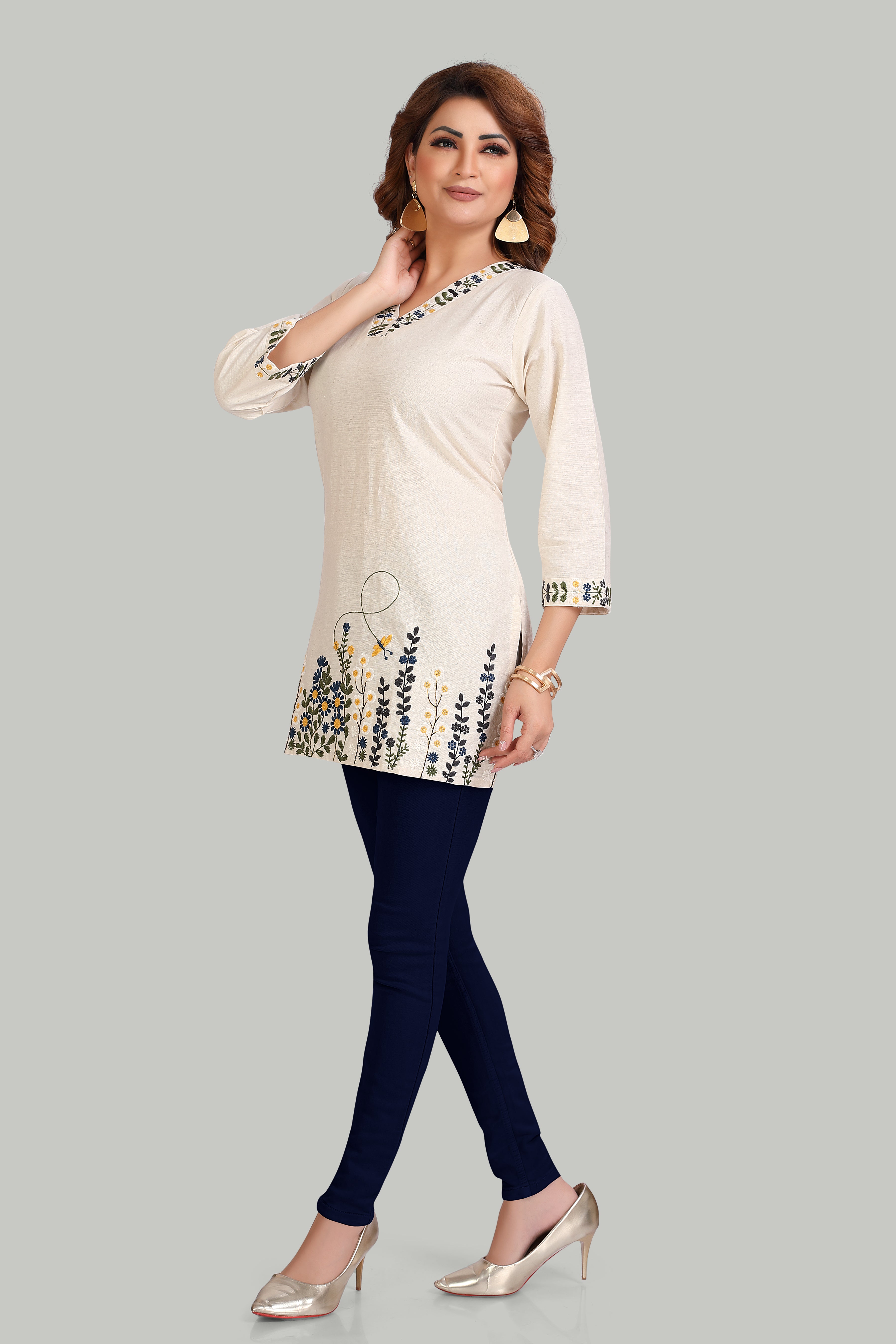 Cream Floral Embroidered Cotton Kurti