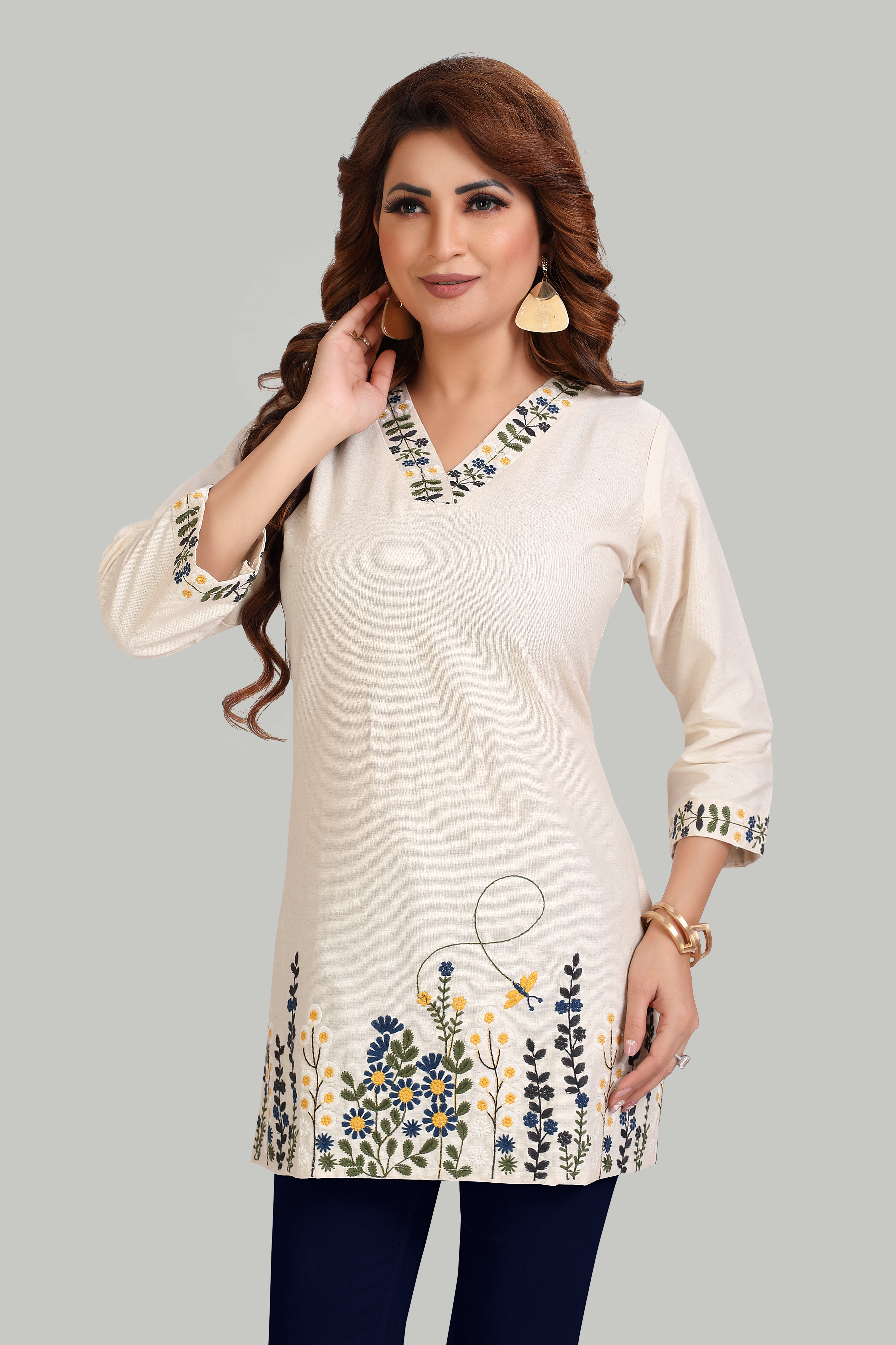 Cream Floral Embroidered Cotton Kurti