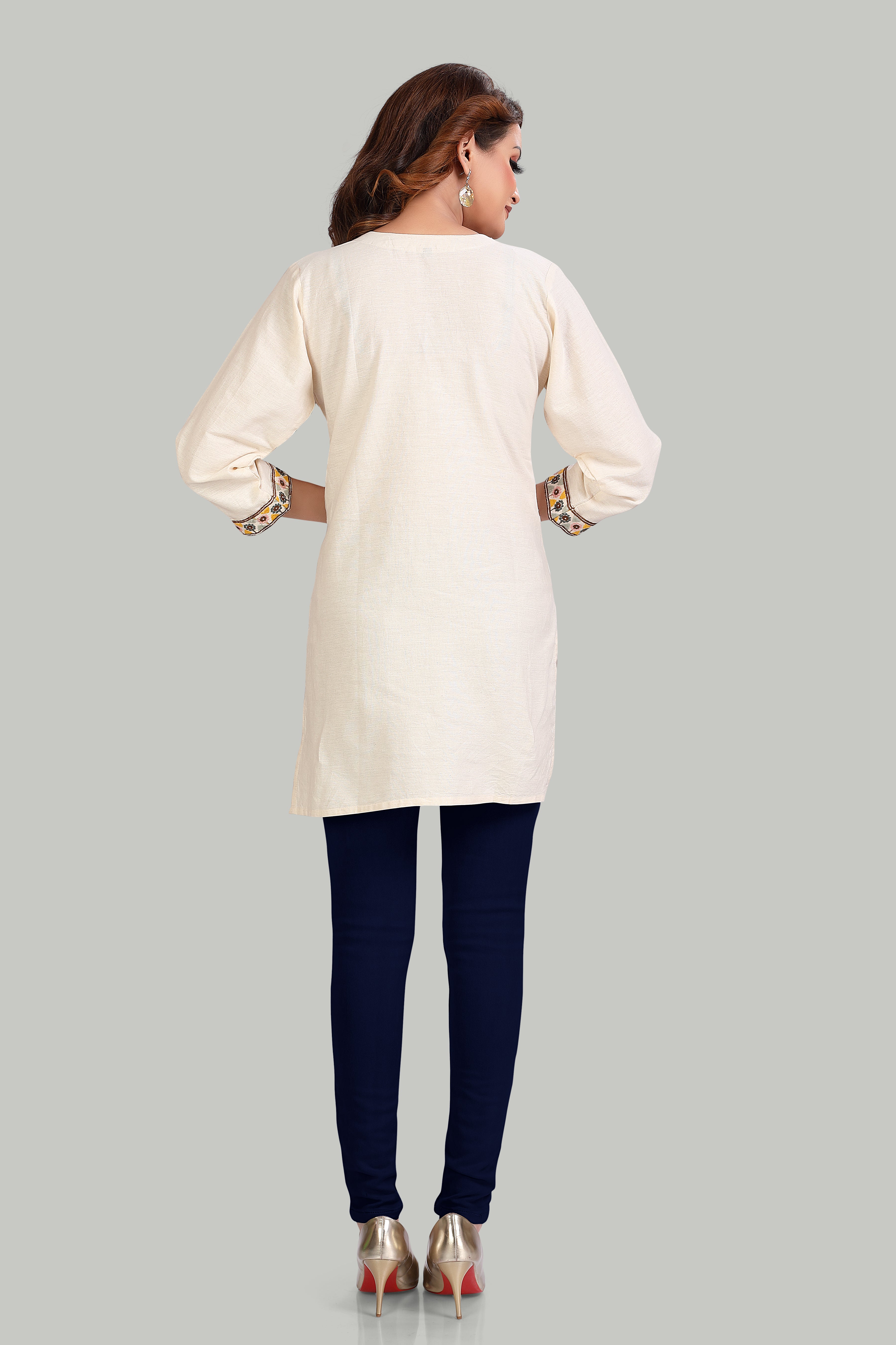 Elegant Cream Ethnic Kurti with Nature-Inspired Embroidery