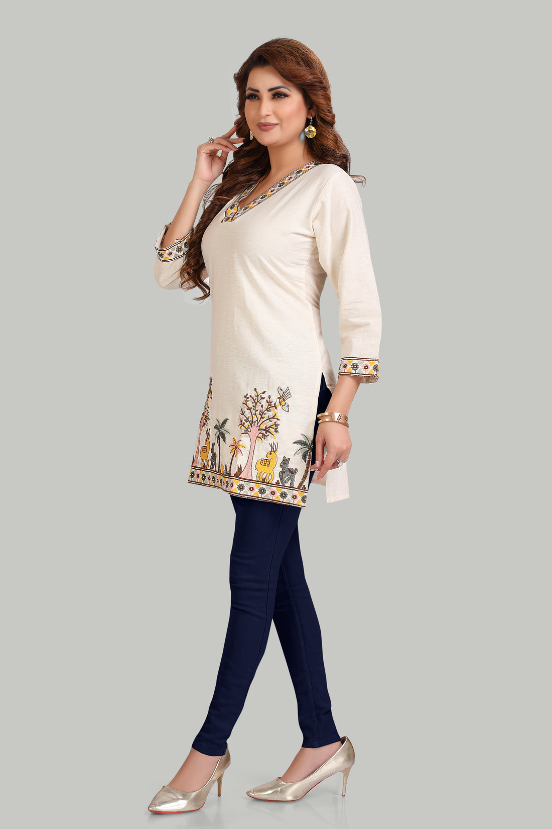 Elegant Cream Ethnic Kurti with Nature-Inspired Embroidery