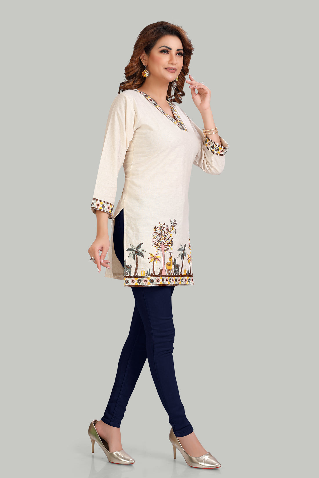 Elegant Cream Ethnic Kurti with Nature-Inspired Embroidery