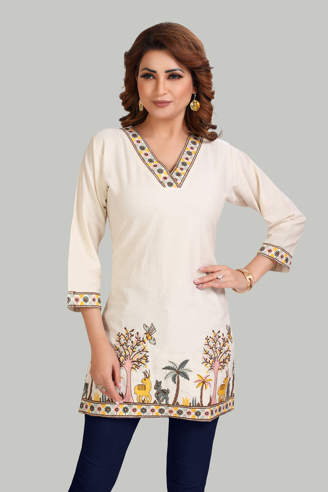 Elegant Cream Ethnic Kurti with Nature-Inspired Embroidery