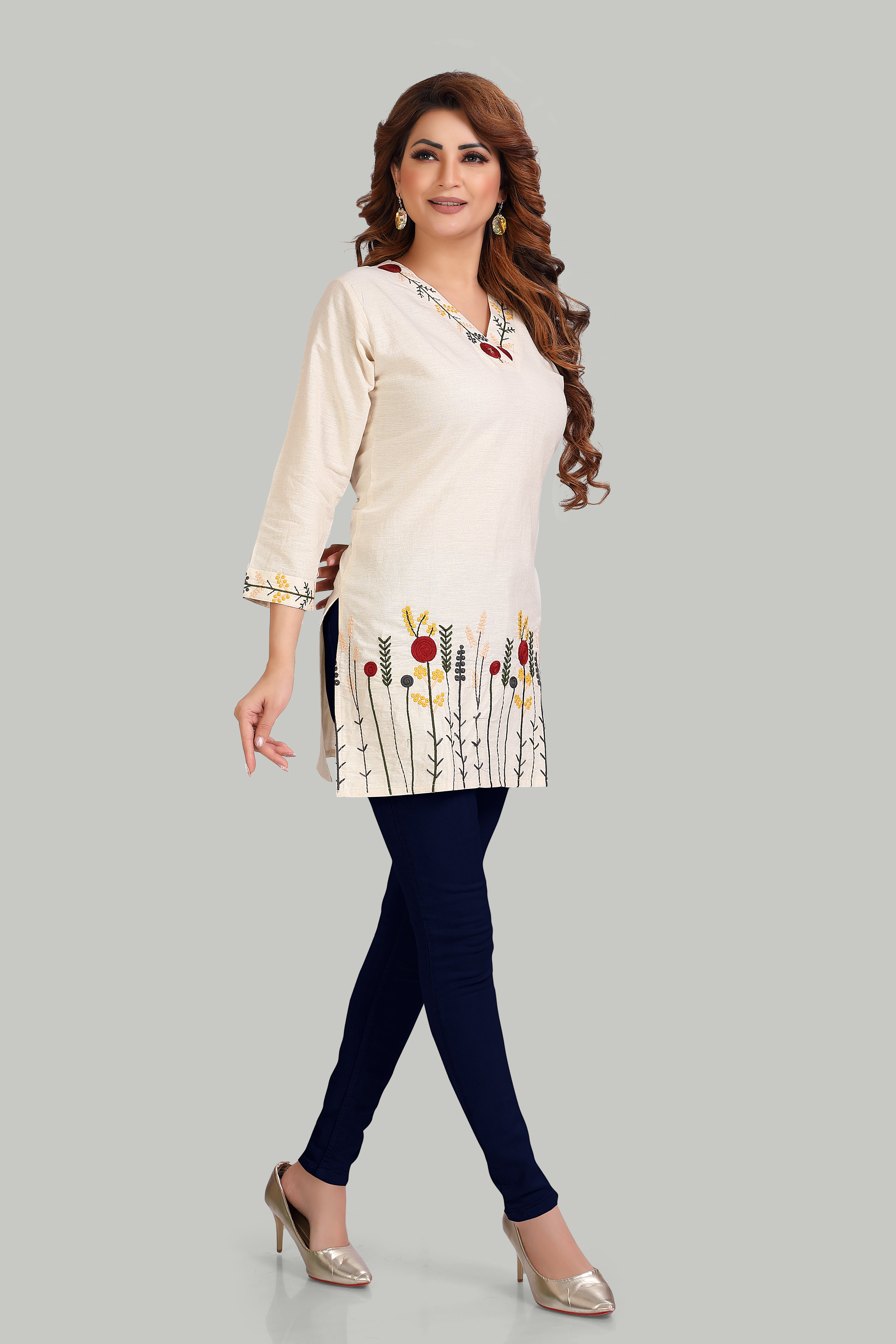 Elegant Cream Floral Embroidered Kurti