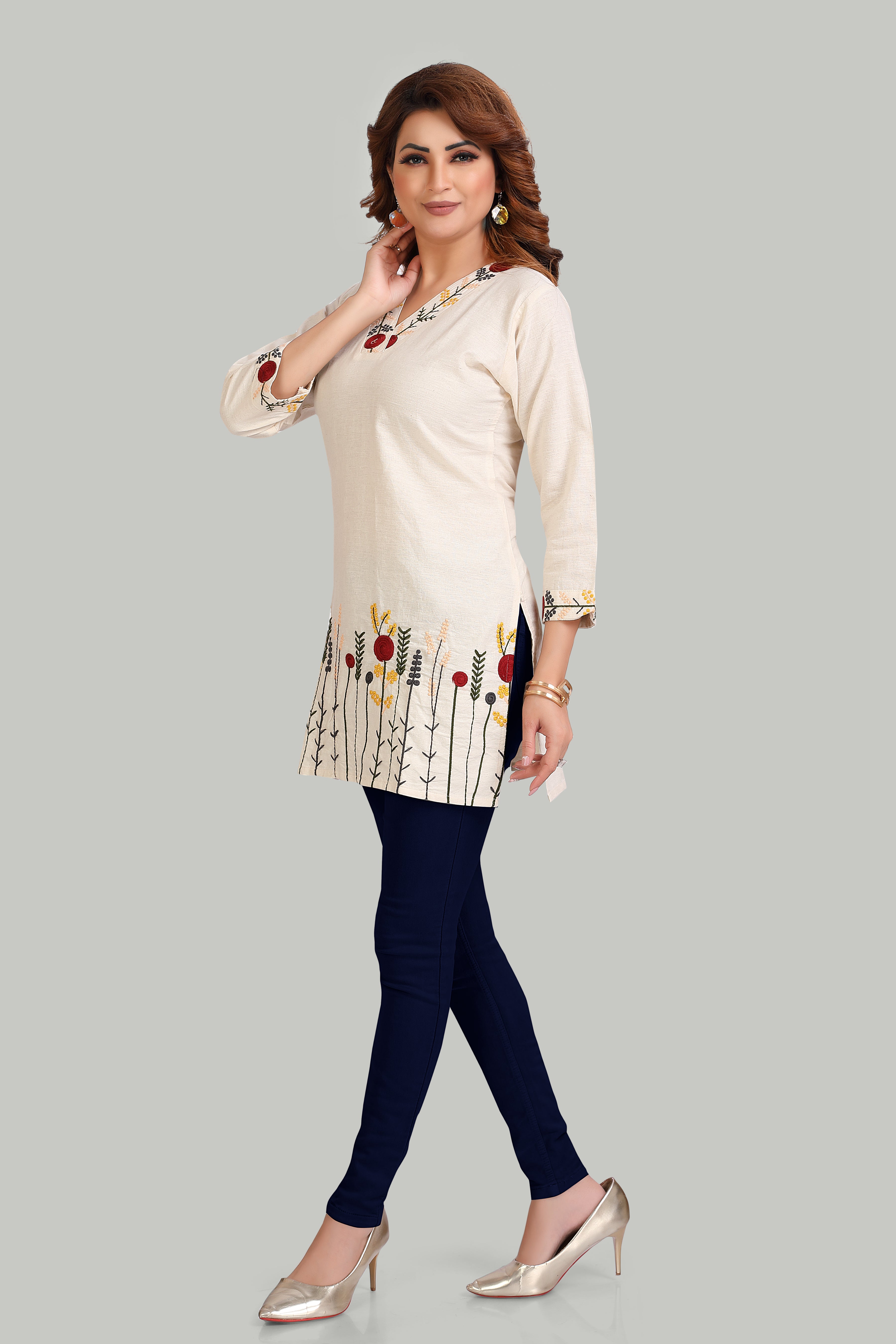 Elegant Cream Floral Embroidered Kurti