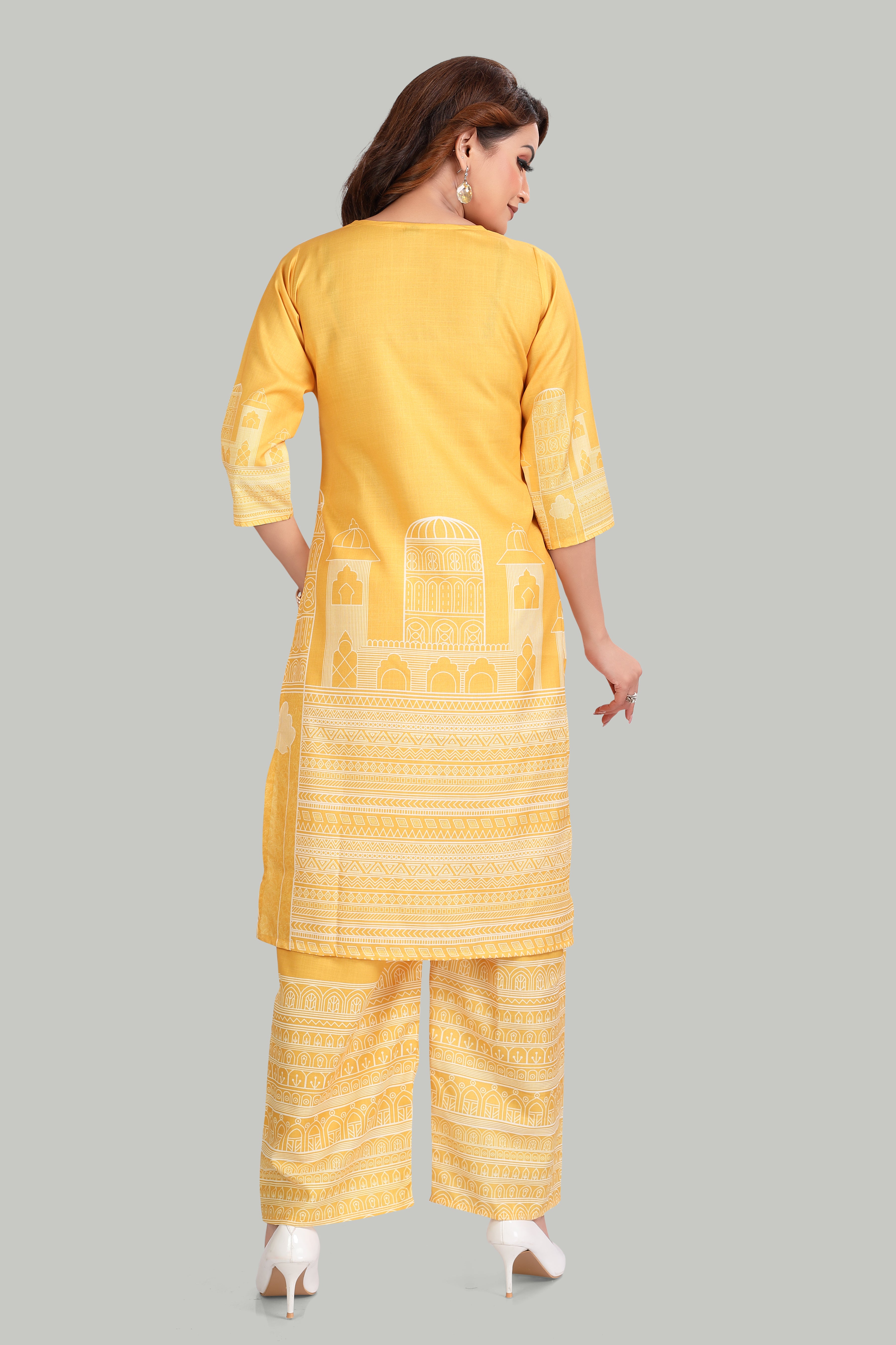 Yellow Ethnic Printed Kurti Set with Palazzo