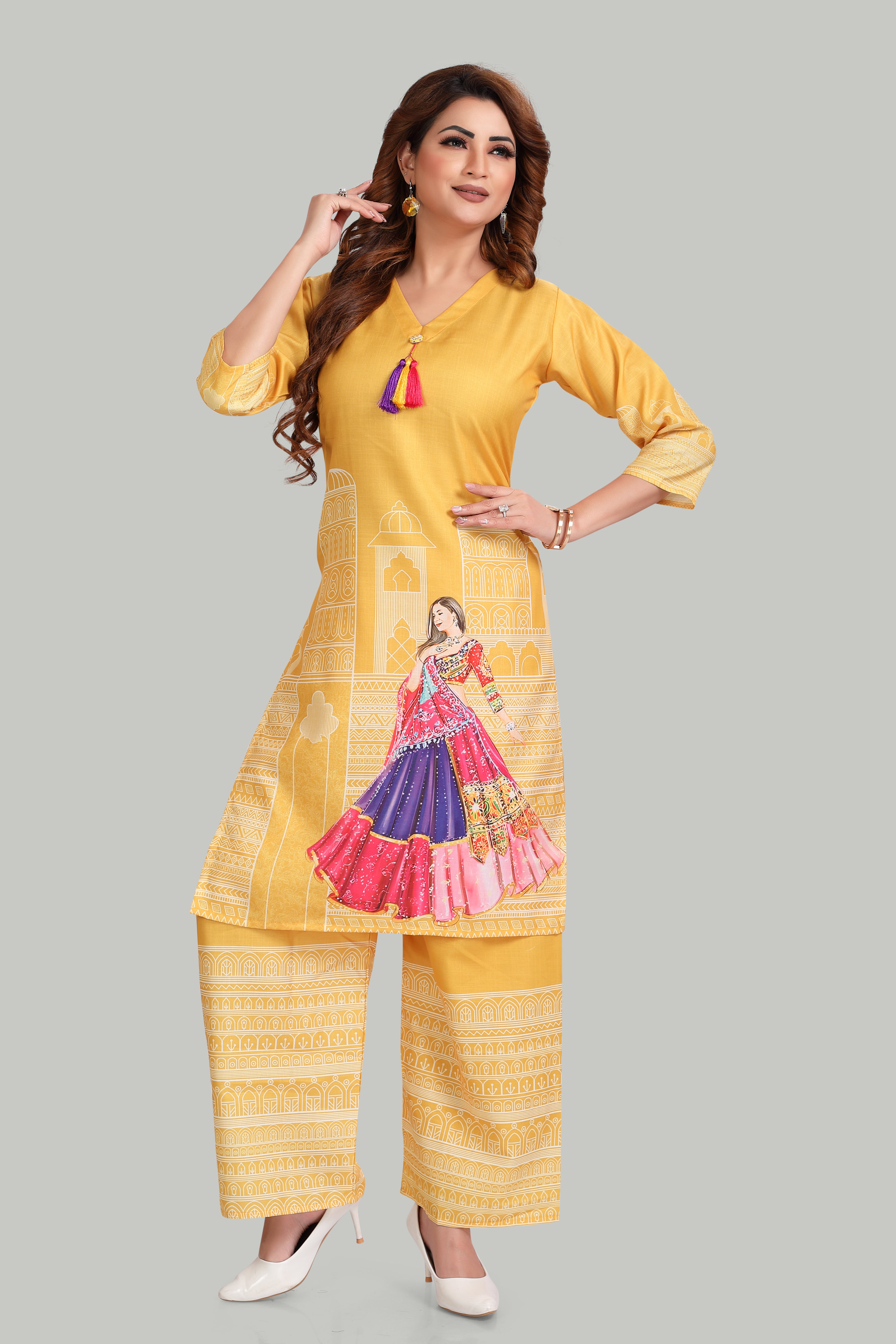 Yellow Ethnic Printed Kurti Set with Palazzo