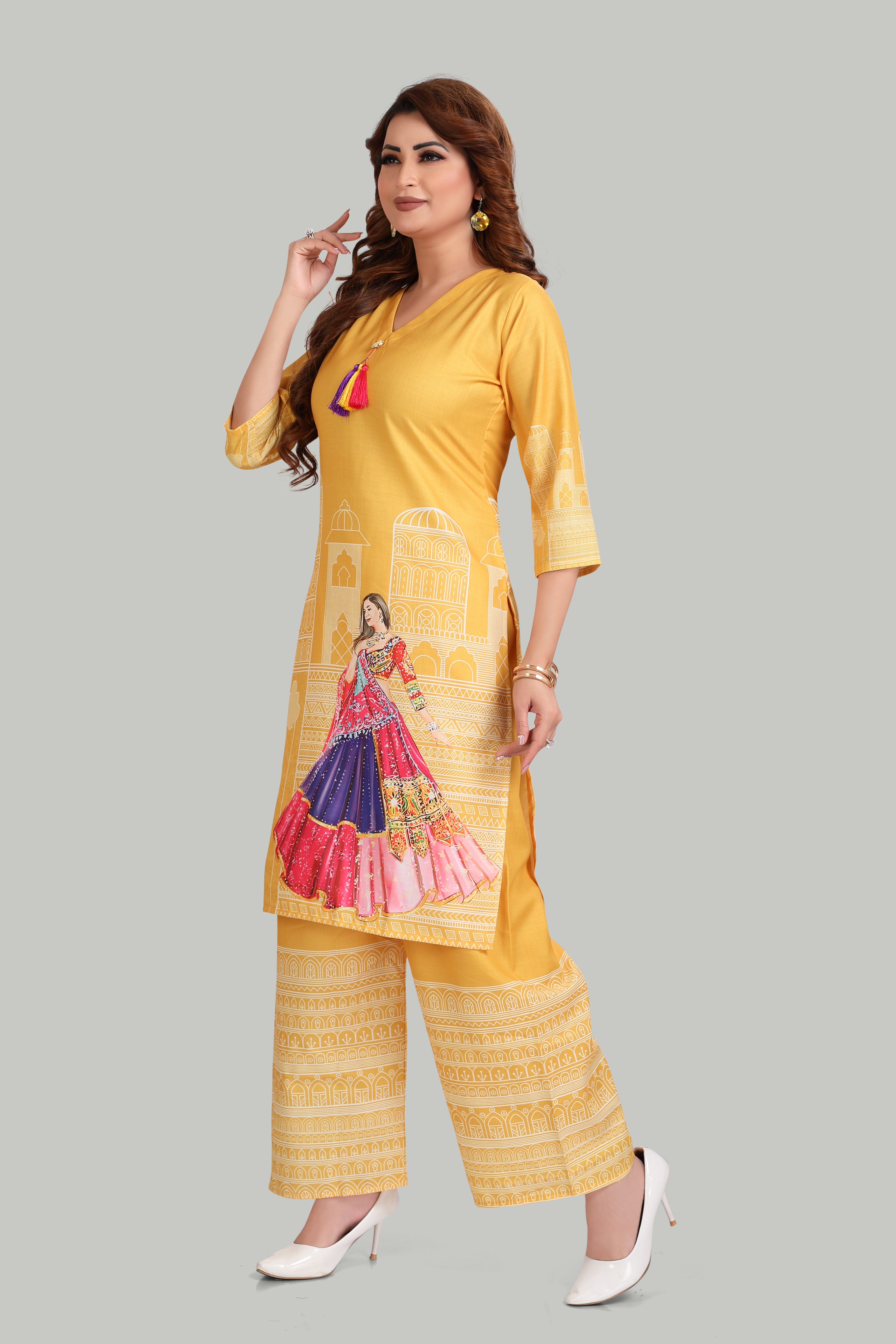 Yellow Ethnic Printed Kurti Set with Palazzo