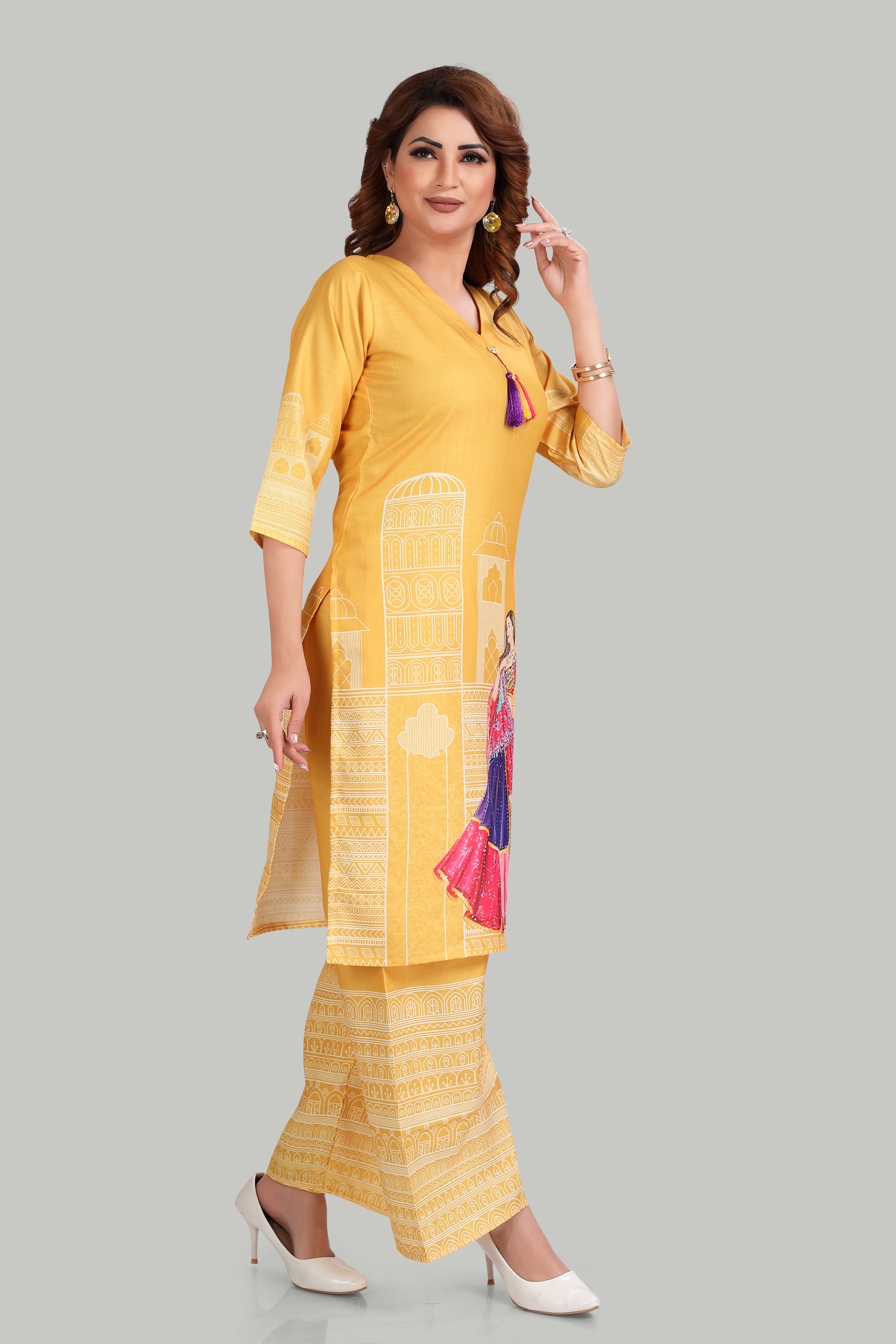 Yellow Ethnic Printed Kurti Set with Palazzo