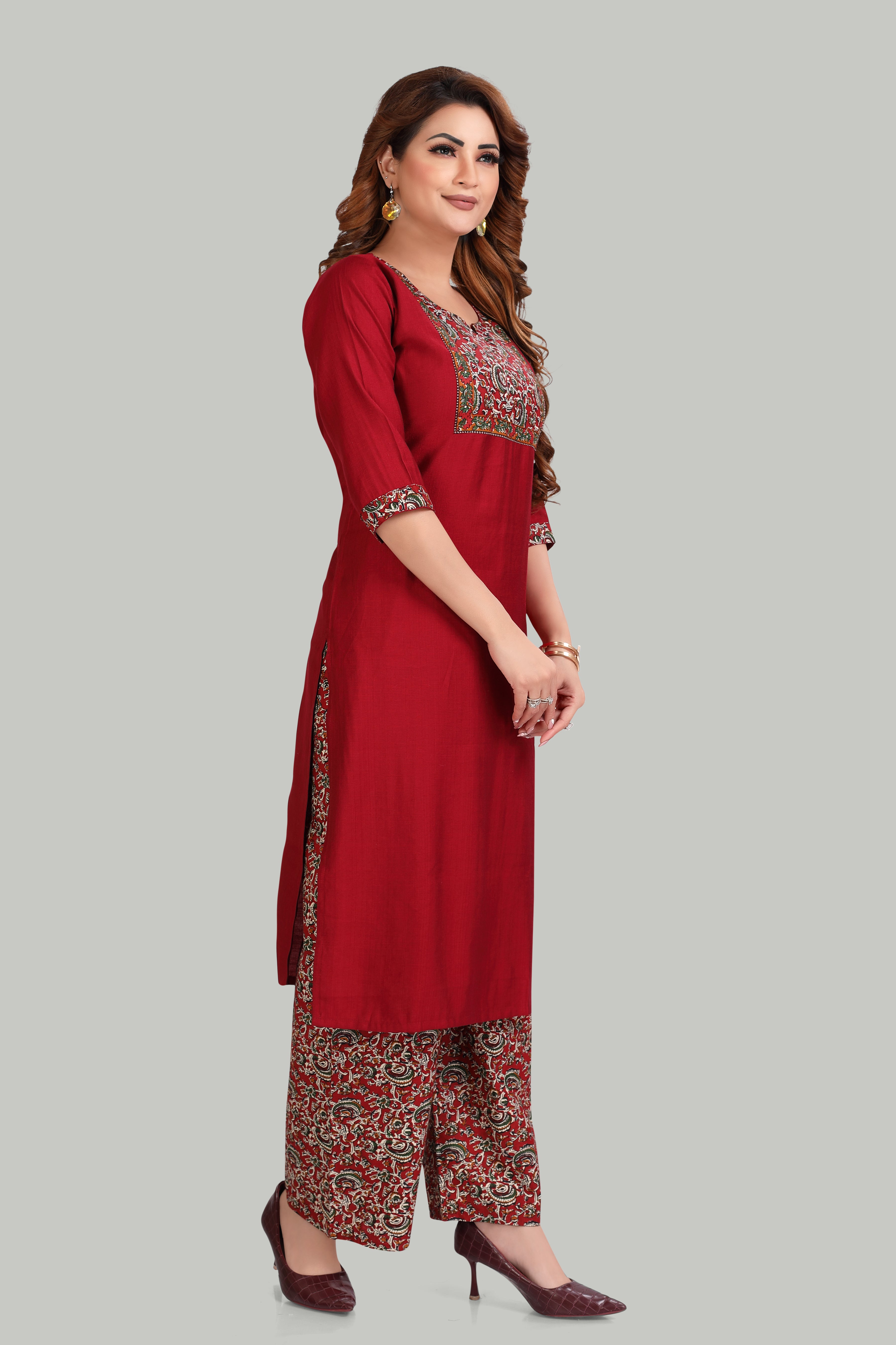 Elegant kalamkari print Maroon Kurta Set with Printed Palazzo