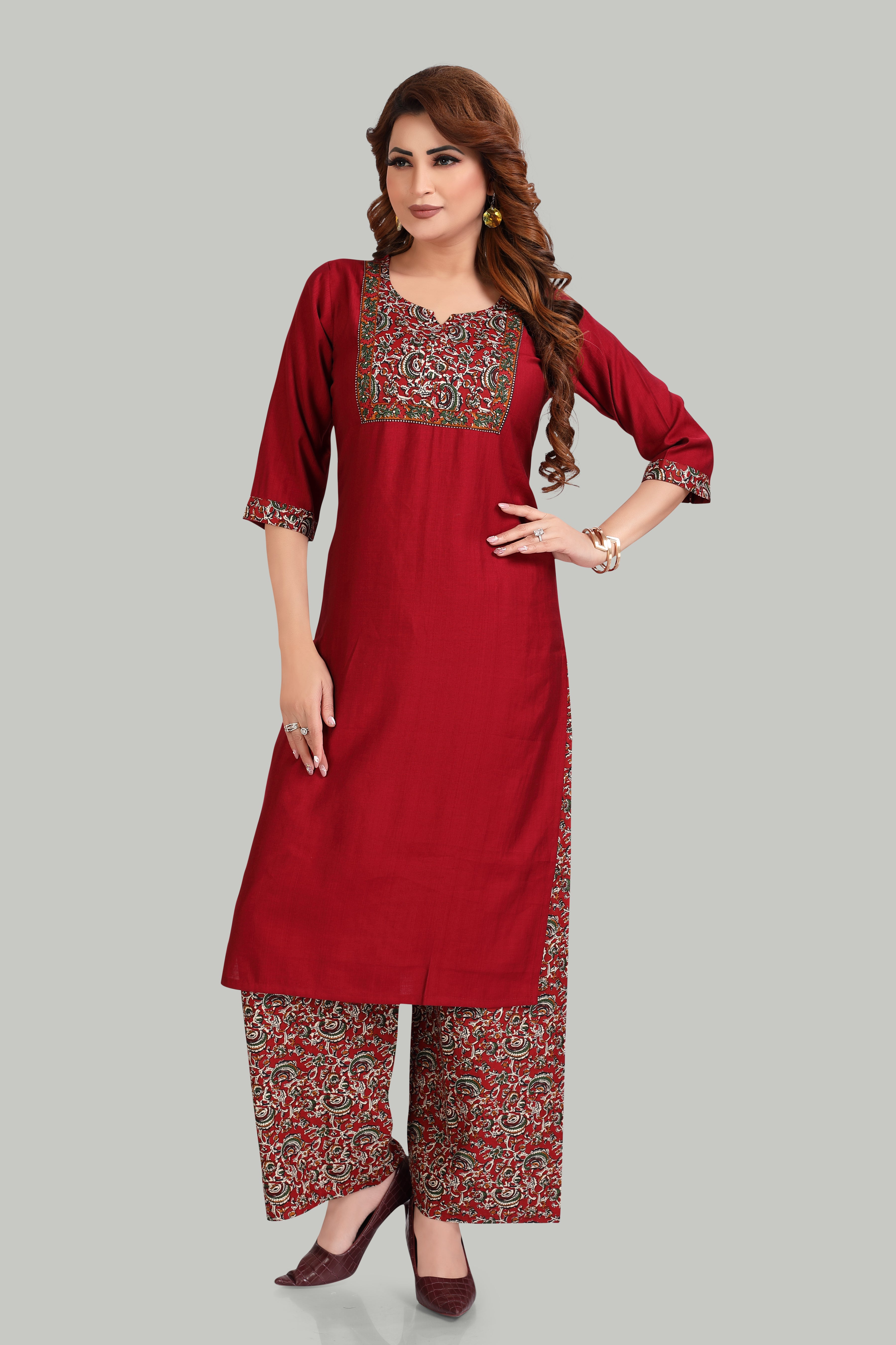 Elegant kalamkari print Maroon Kurta Set with Printed Palazzo