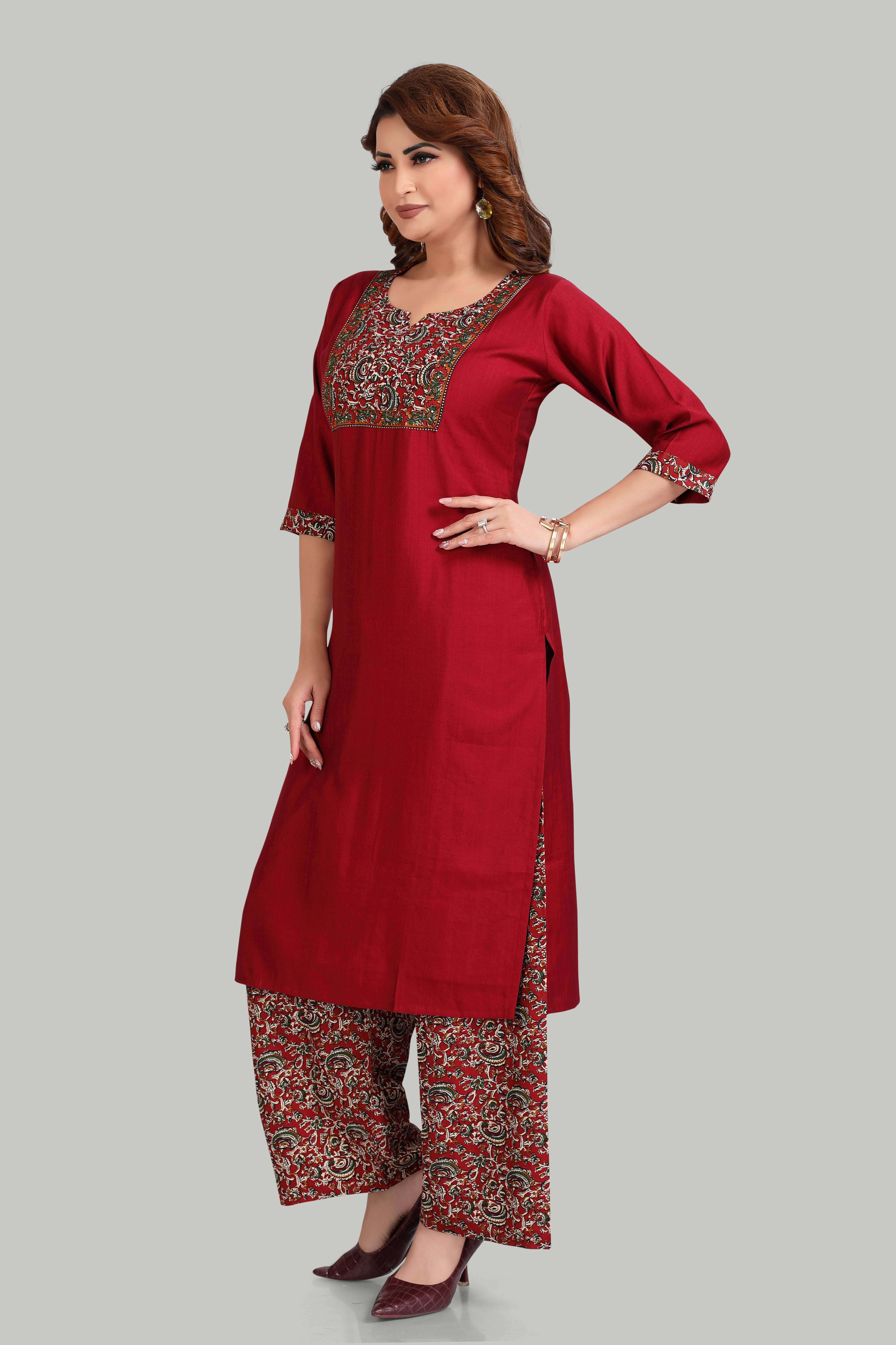 Elegant kalamkari print Maroon Kurta Set with Printed Palazzo
