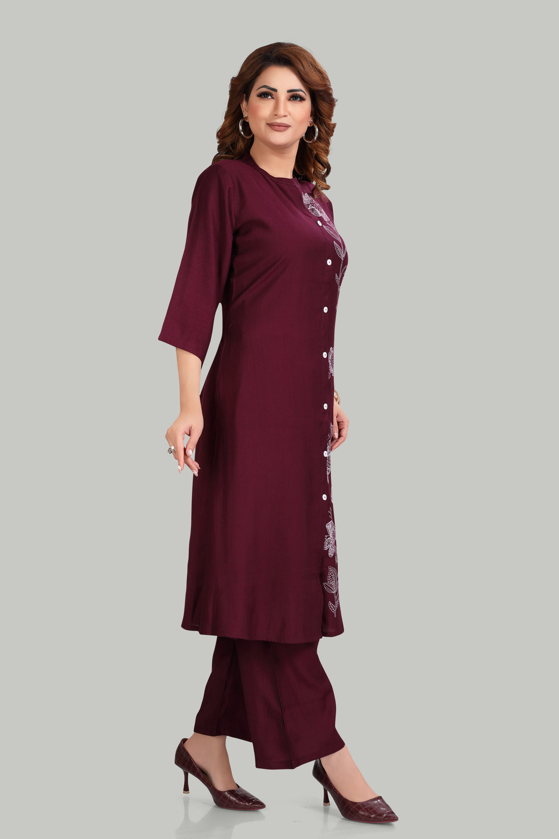 Elegant wine red Vertigan Kurti with Floral Print