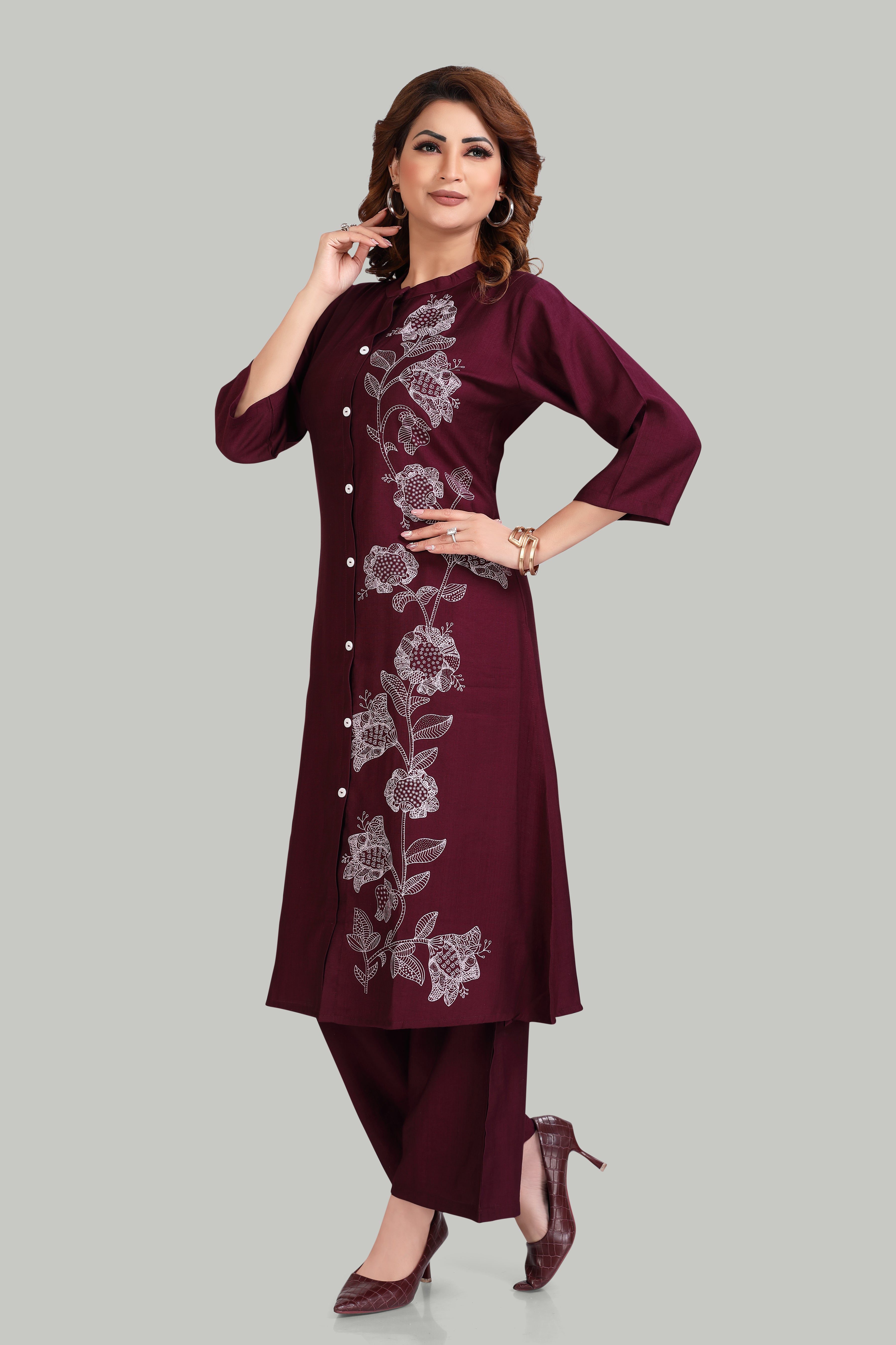 Elegant wine red Vertigan Kurti with Floral Print