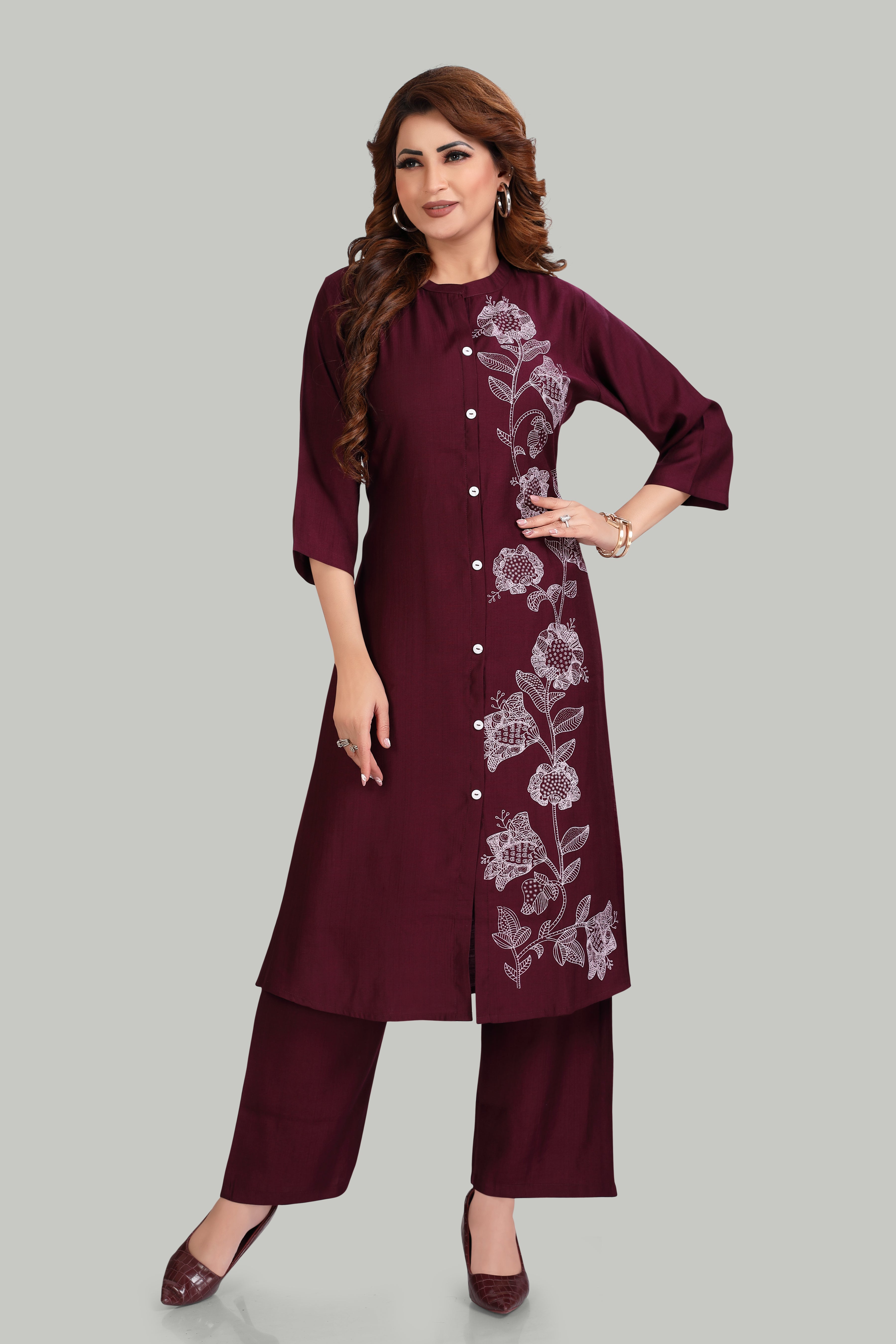 Elegant wine red Vertigan Kurti with Floral Print