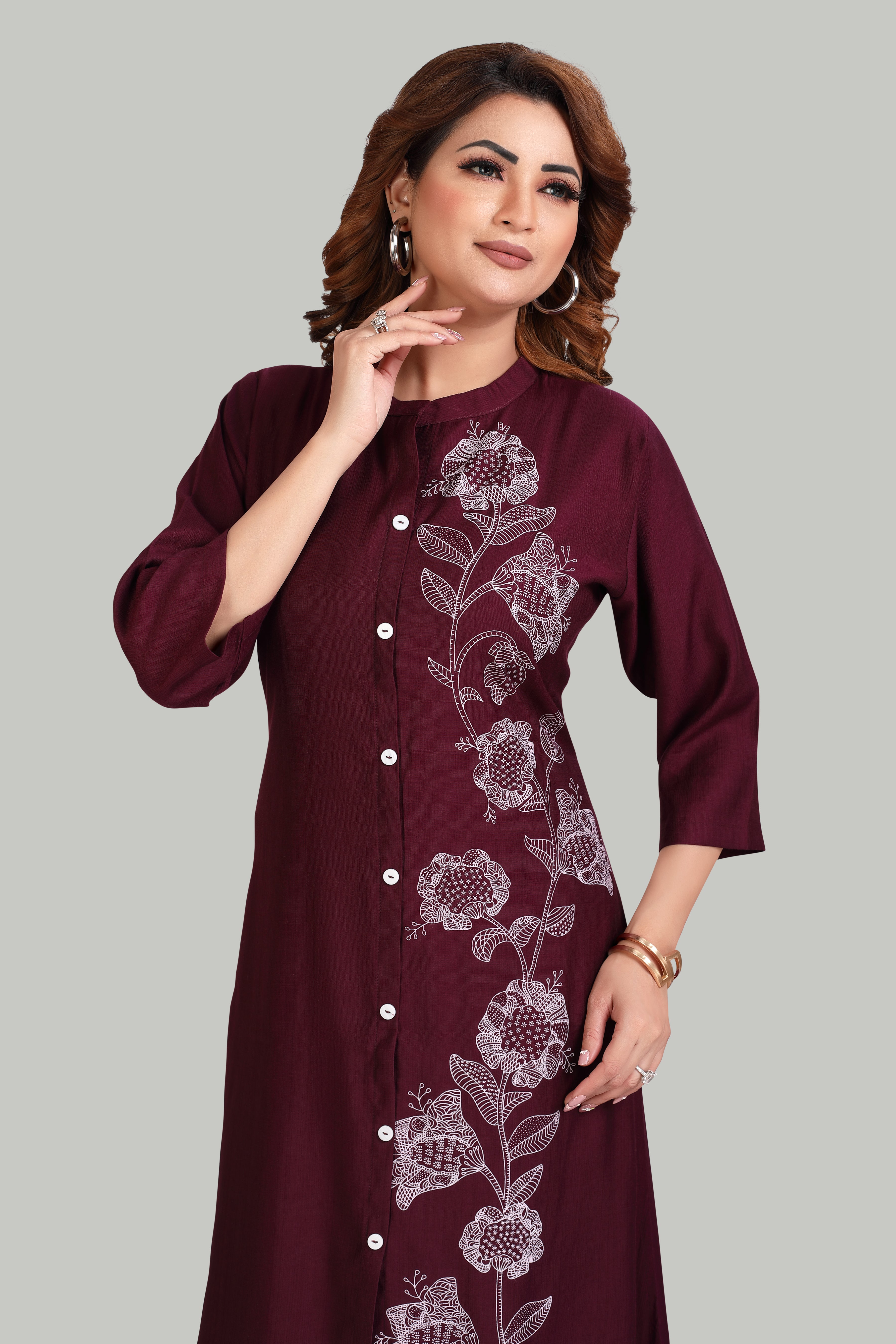 Elegant wine red Vertigan Kurti with Floral Print