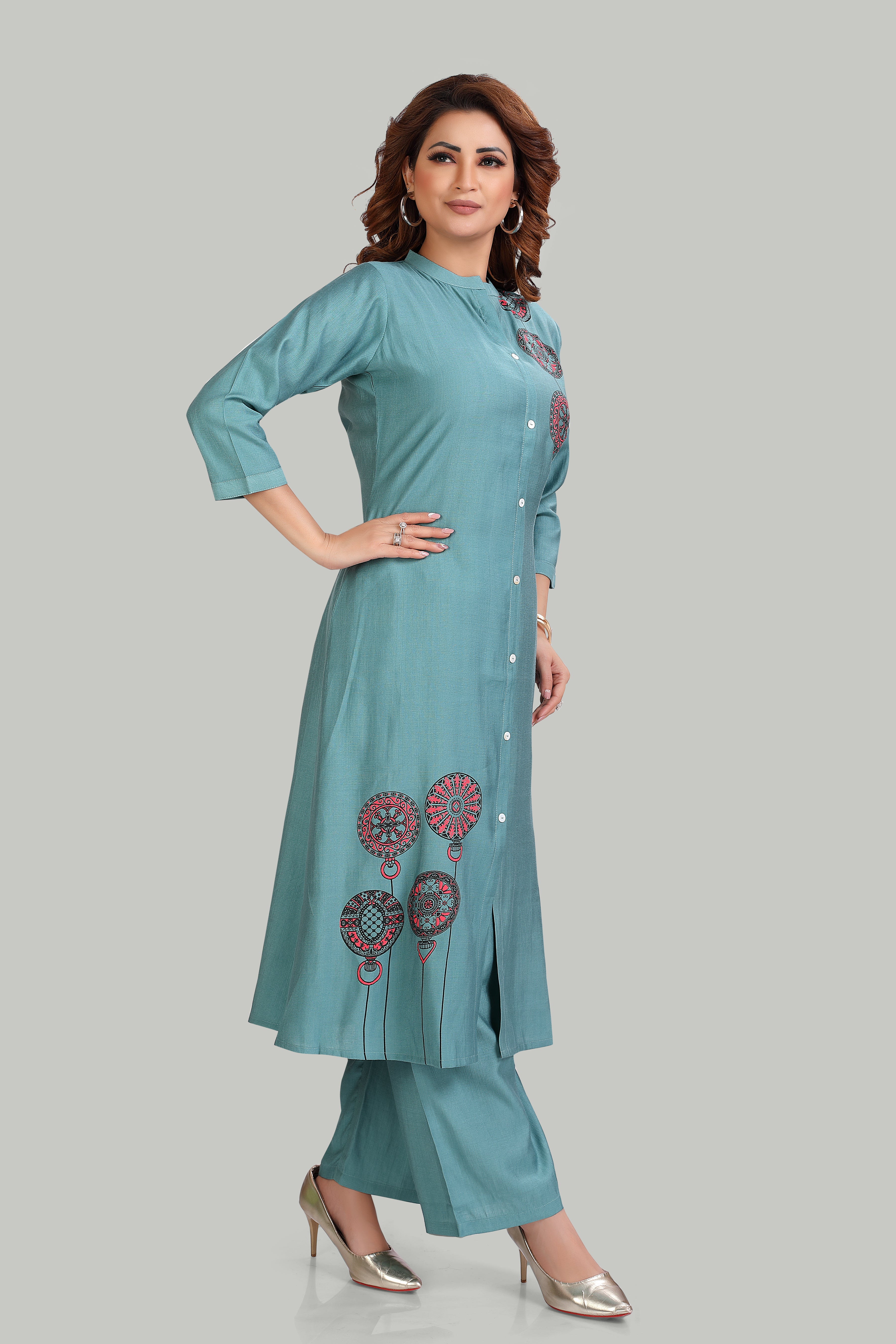 Elegant Teal Kurta Set with Artistic Mandala Print