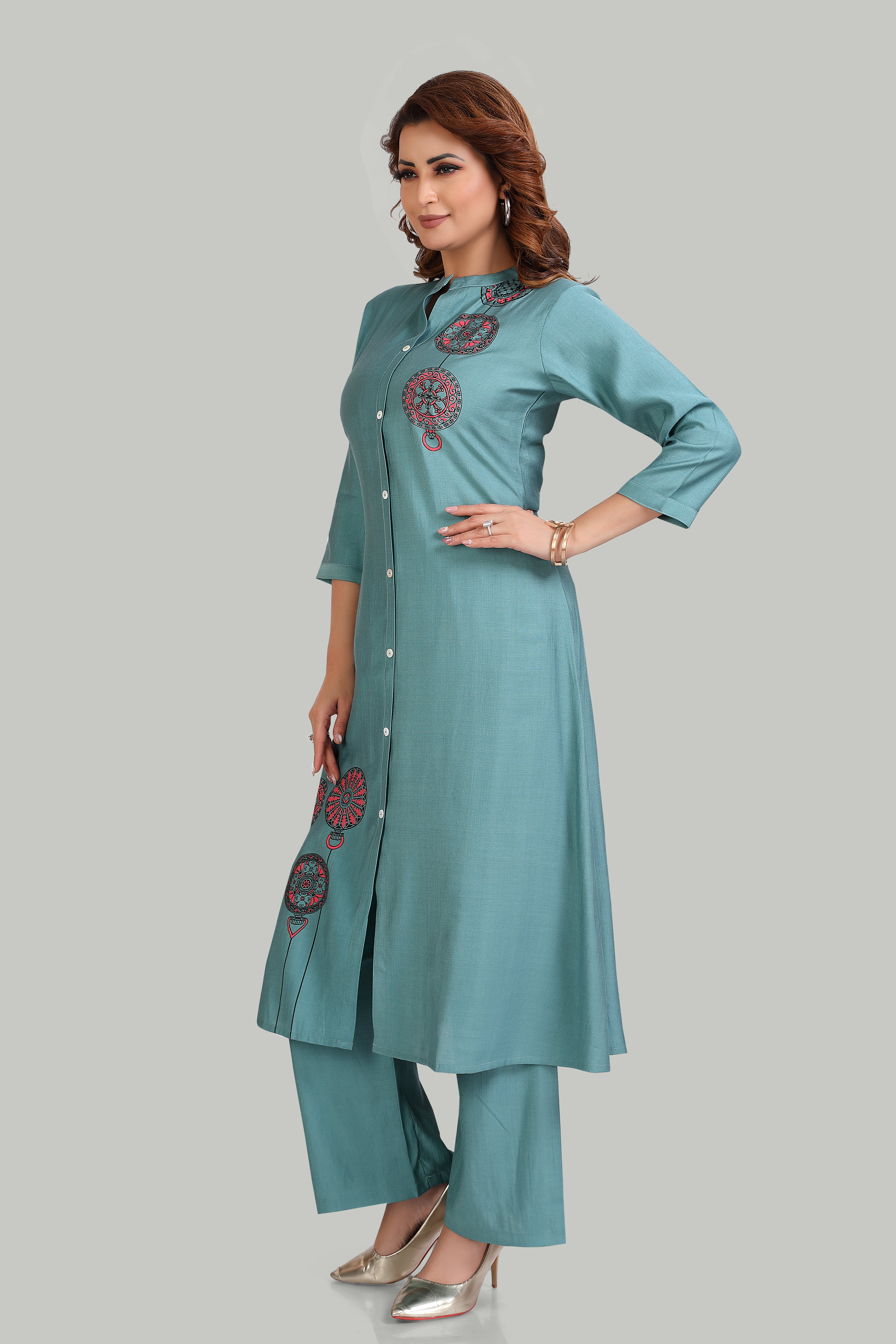 Elegant Teal Kurta Set with Artistic Mandala Print