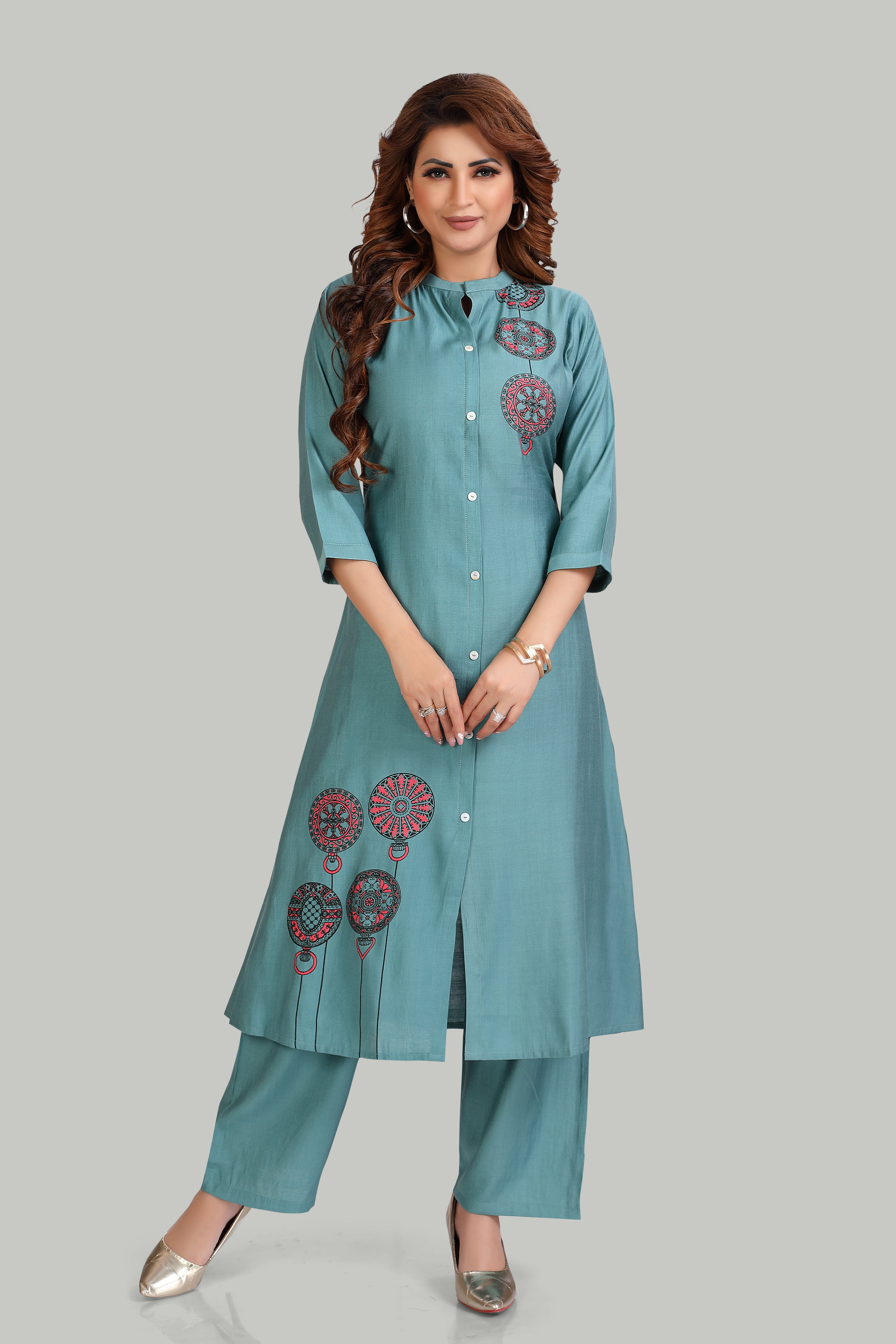 Elegant Teal Kurta Set with Artistic Mandala Print