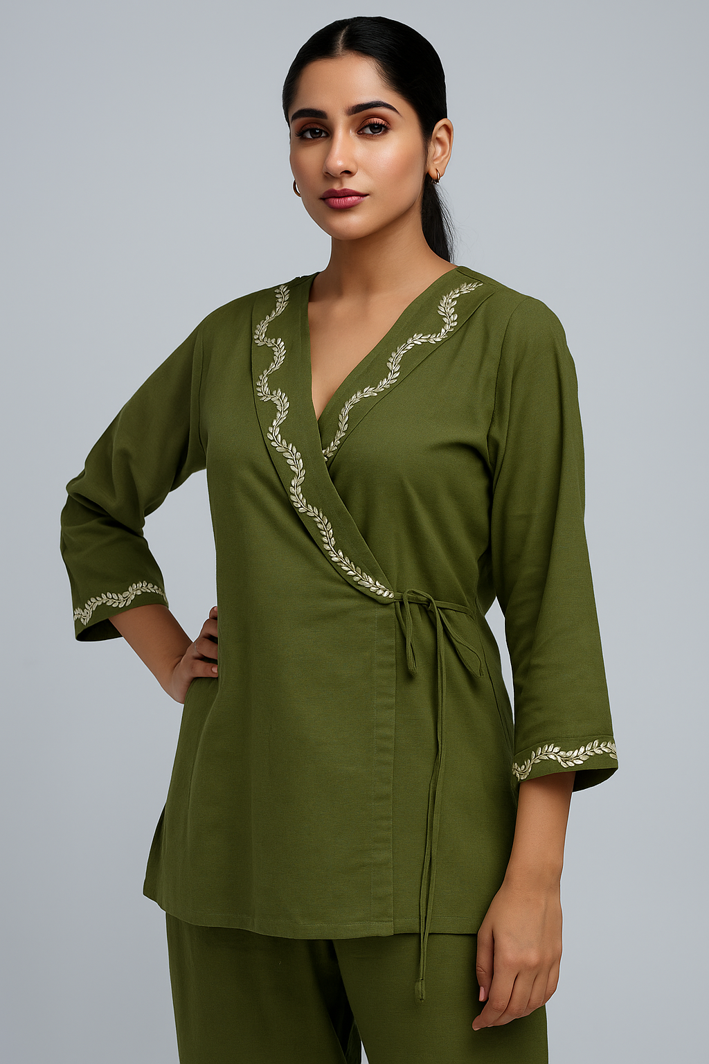 Elegant Olive Wrap-Style Kurti Set