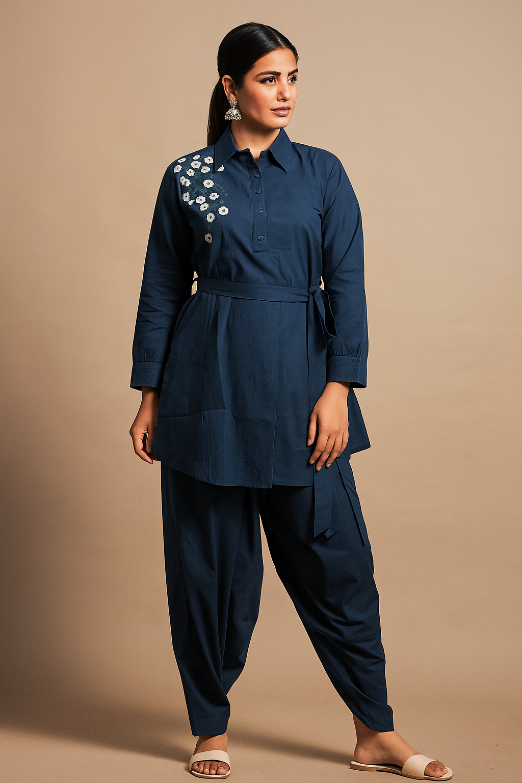 Refined Midnight Blue Floral Kurta Set