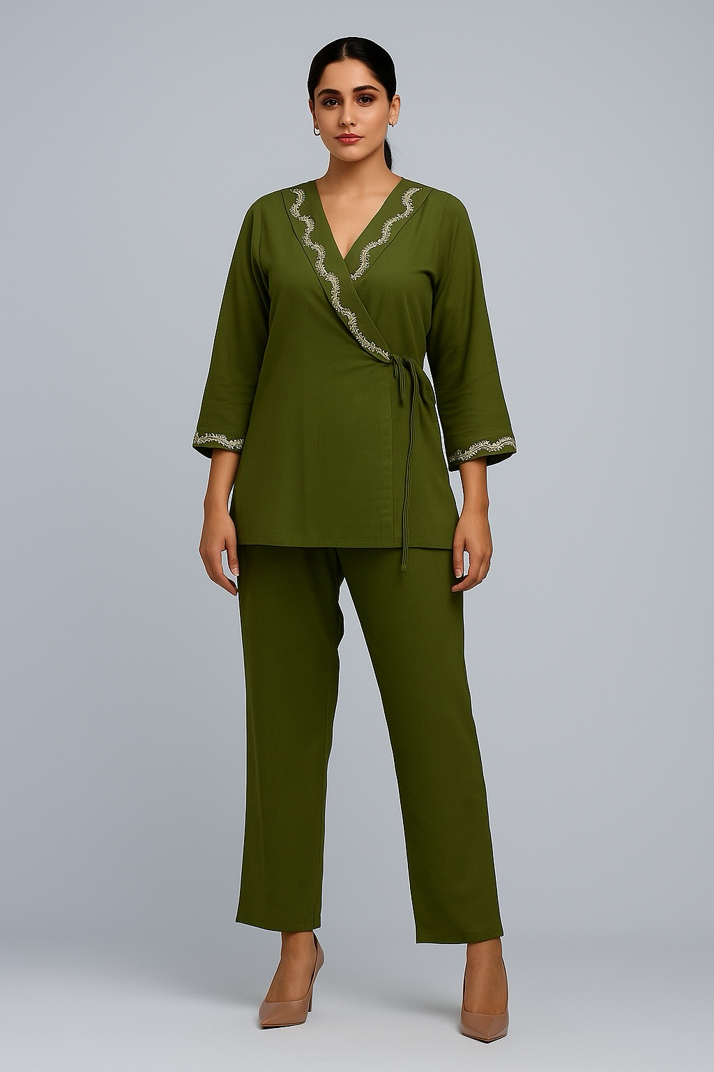 Elegant Olive Wrap-Style Kurti Set