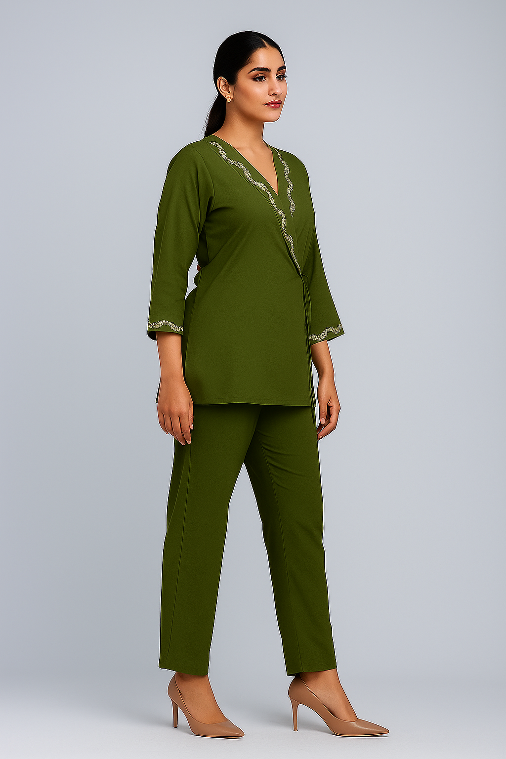 Elegant Olive Wrap-Style Kurti Set