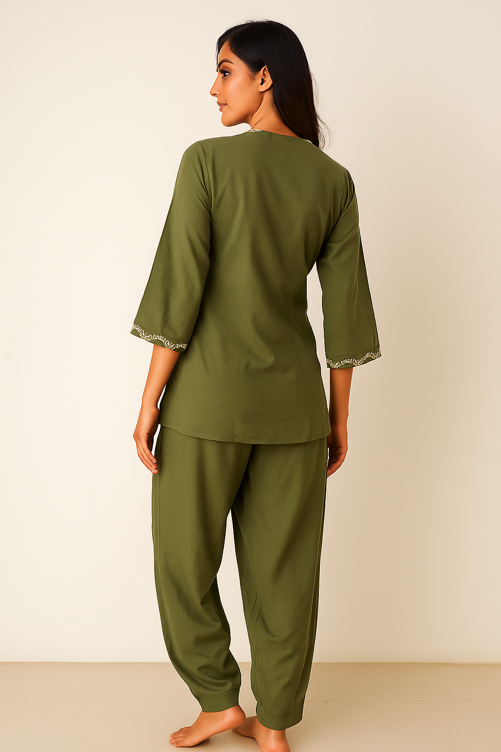 Elegant Olive Wrap-Style Kurti Set