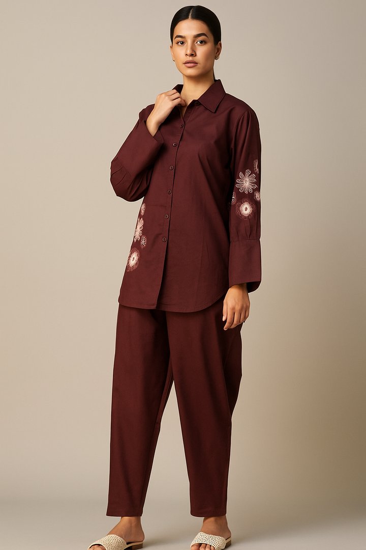 Maroon Floral Embroidered Co-ord Set for Women