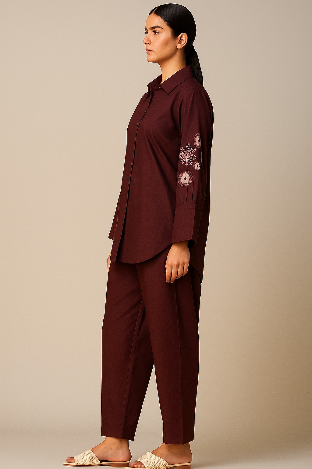 Maroon Floral Embroidered Co-ord Set for Women