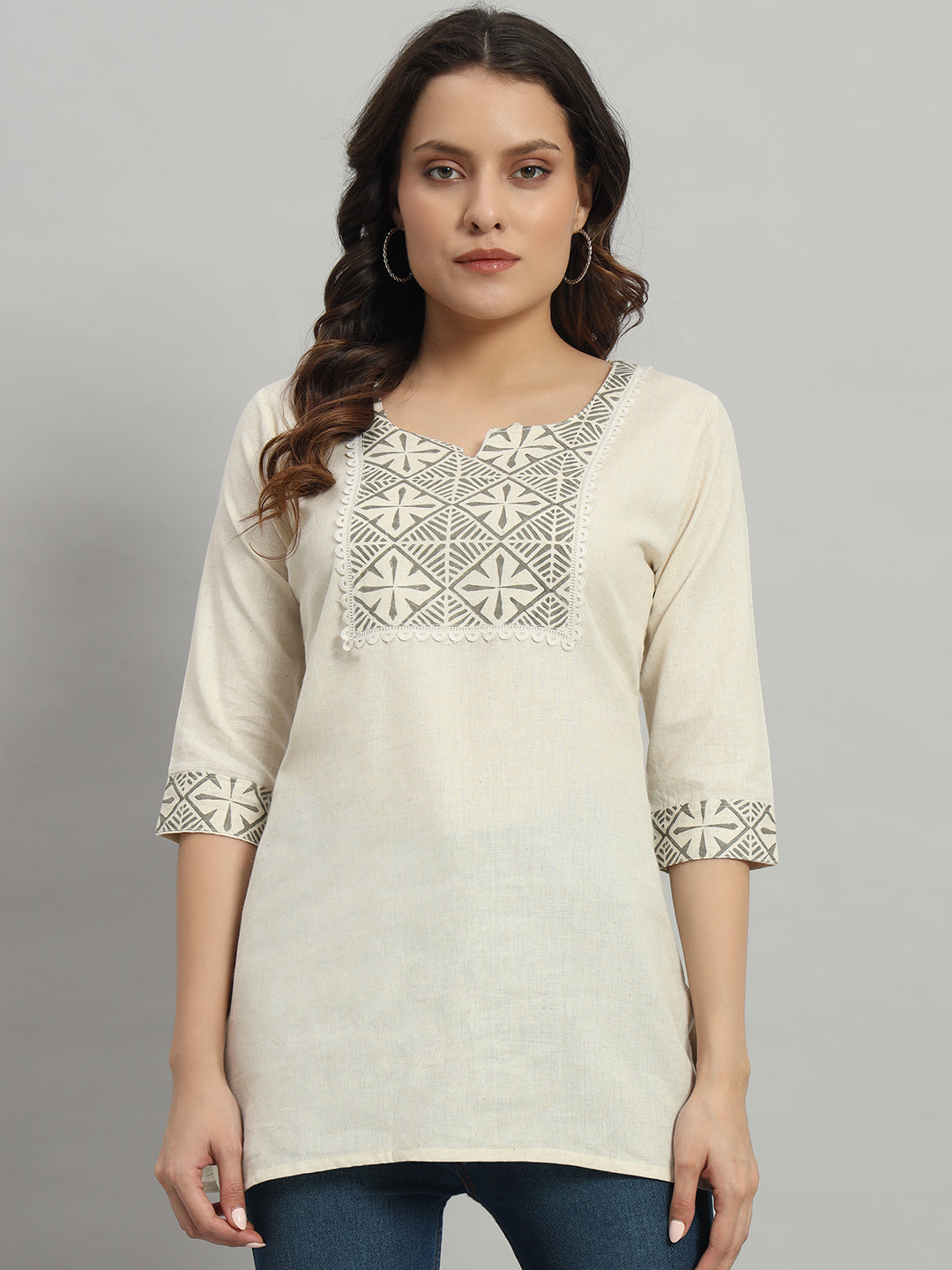 Cream Cotton Kurti with Geometric three-Quarter Sleeves