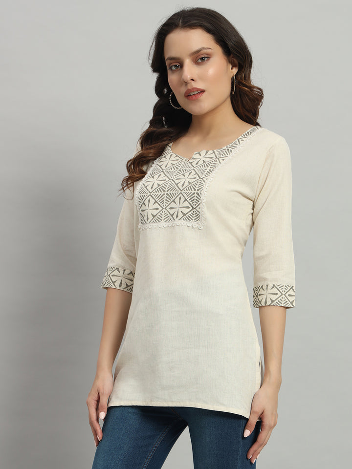 Cream Cotton Kurti with Geometric three-Quarter Sleeves