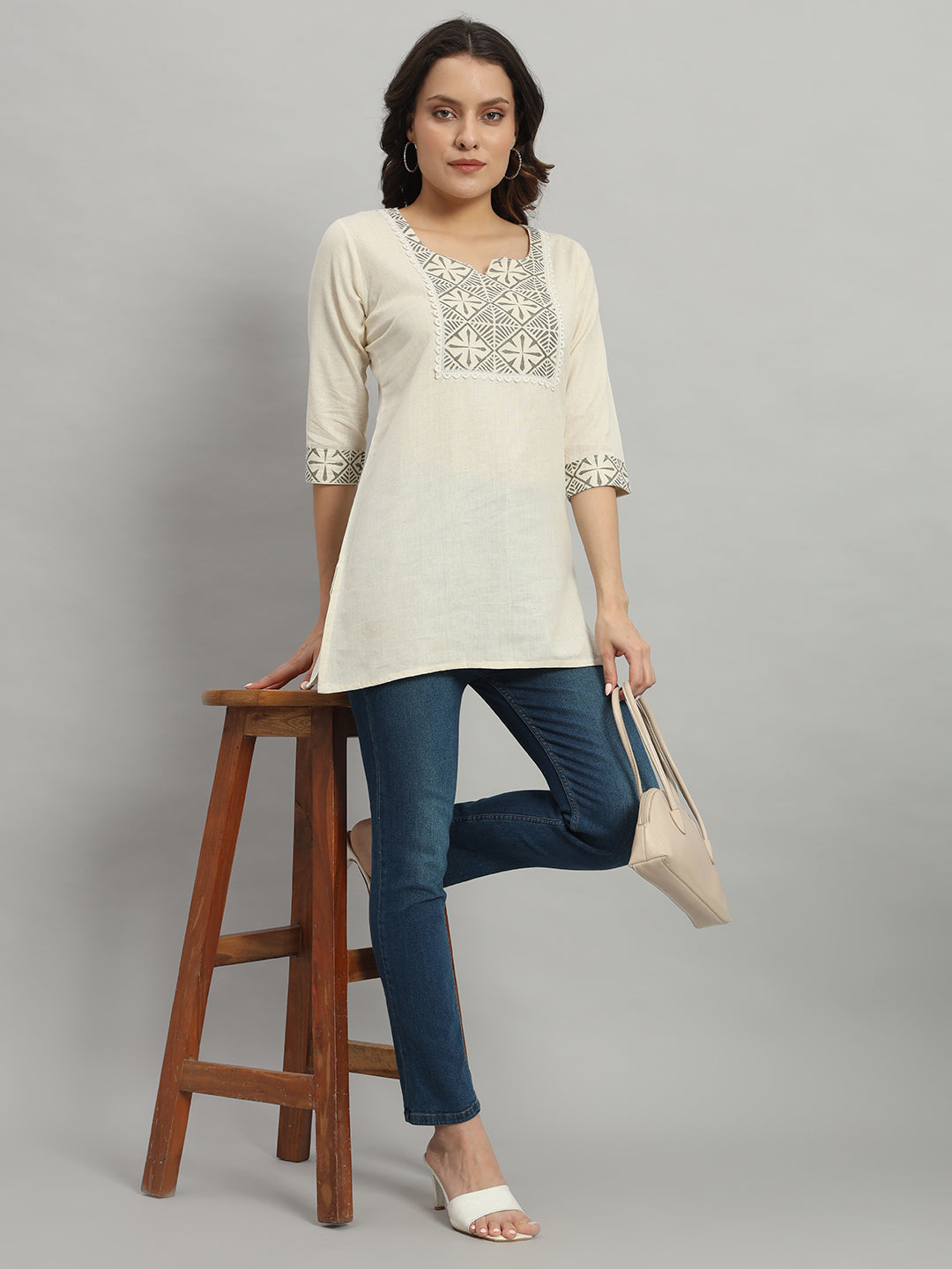 Cream Cotton Kurti with Geometric three-Quarter Sleeves