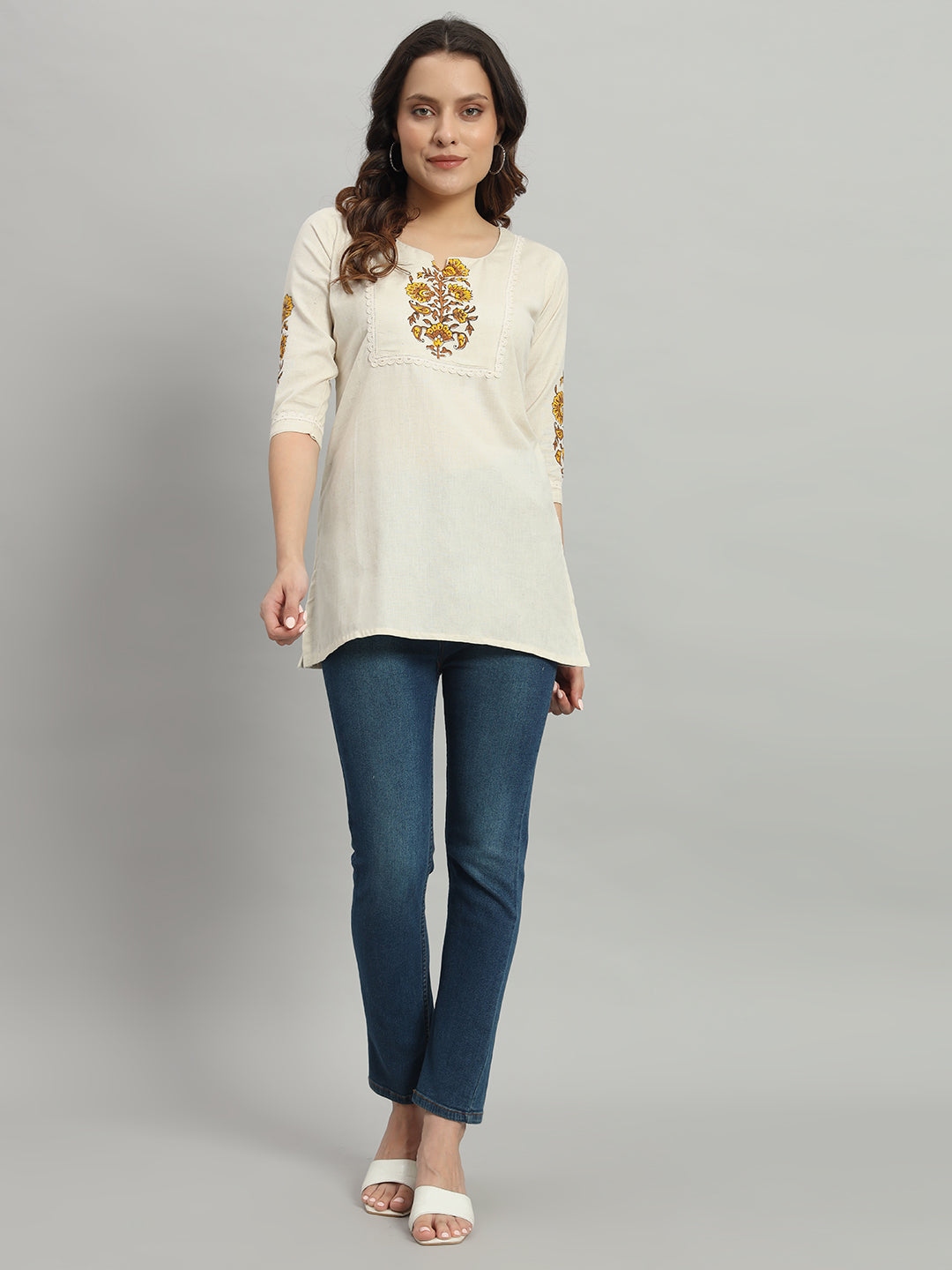 Cream short Kurti with Floral Design