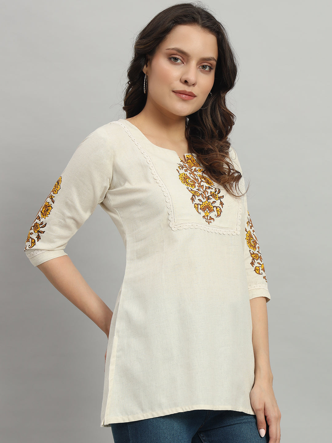 Cream short Kurti with Floral Design