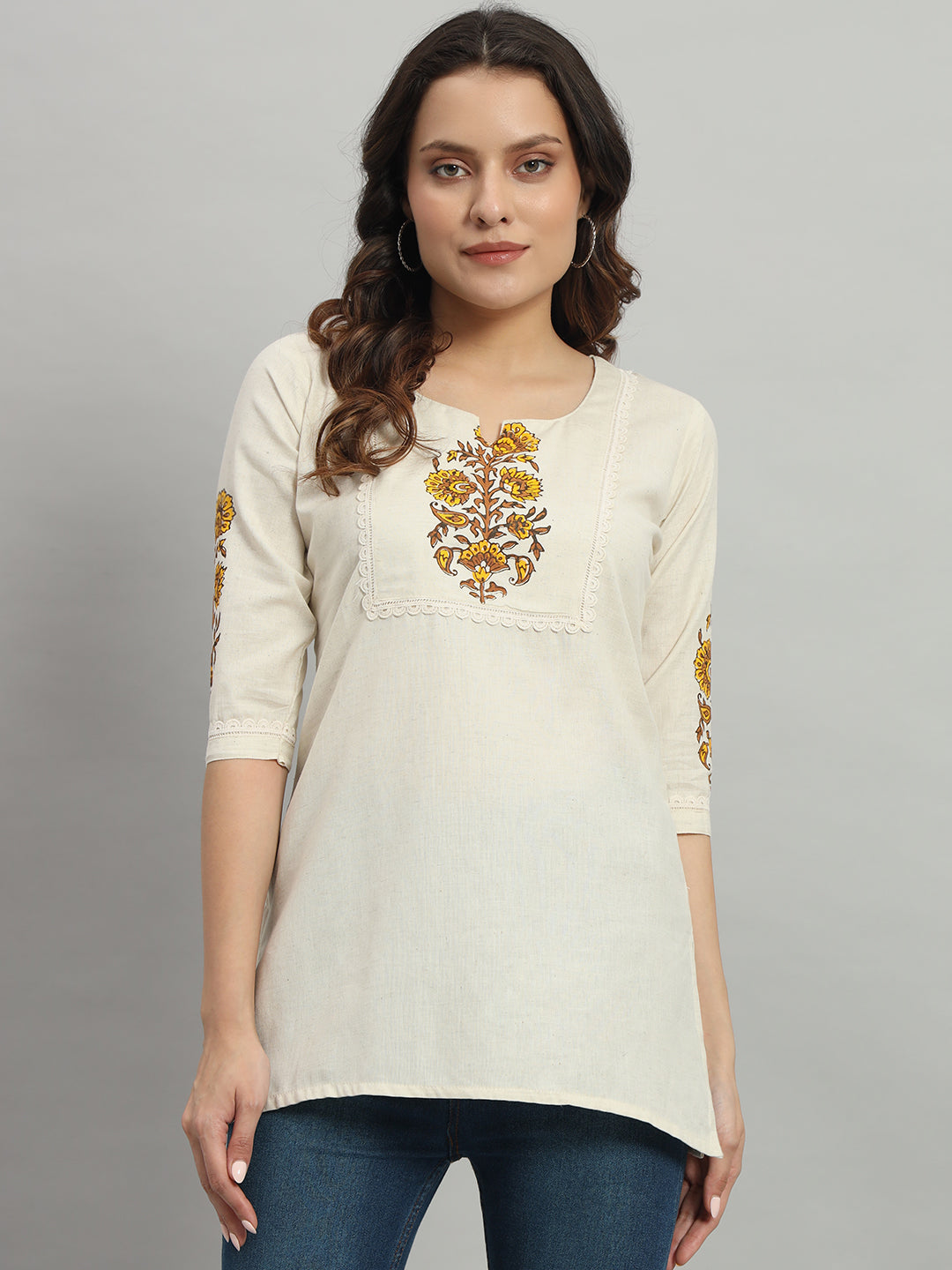 Cream short Kurti with Floral Design