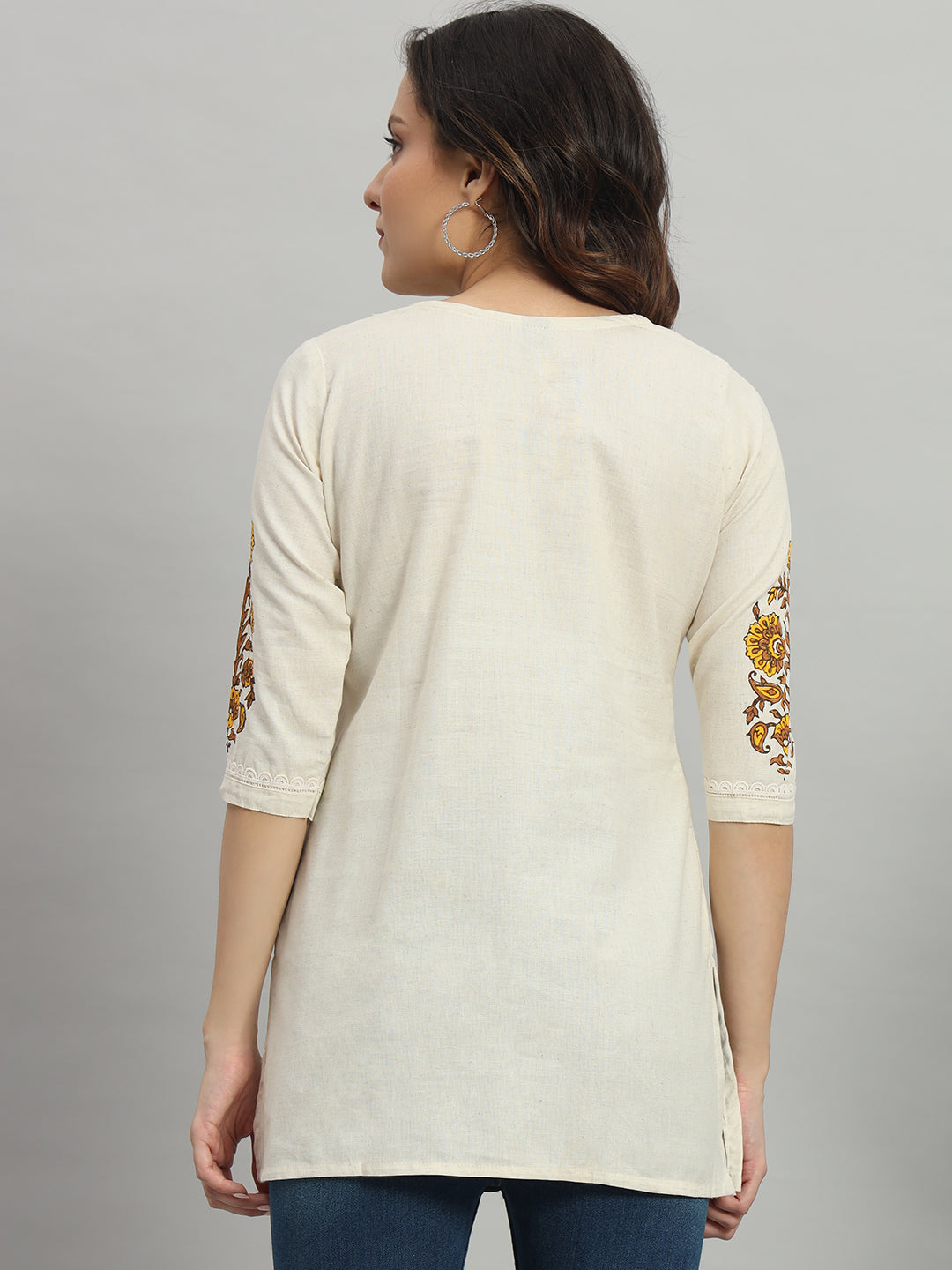 Cream short Kurti with Floral Design
