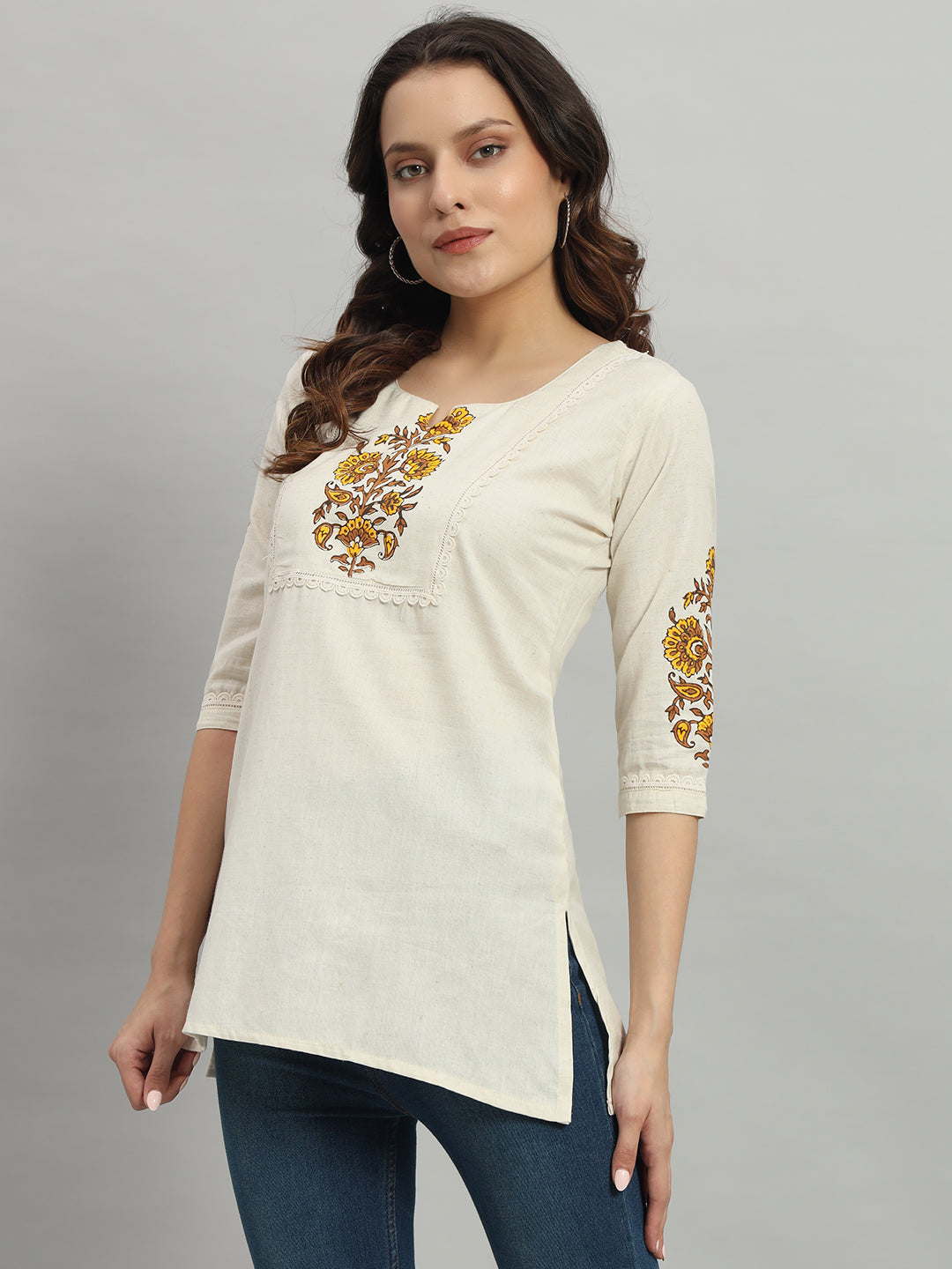 Cream short Kurti with Floral Design