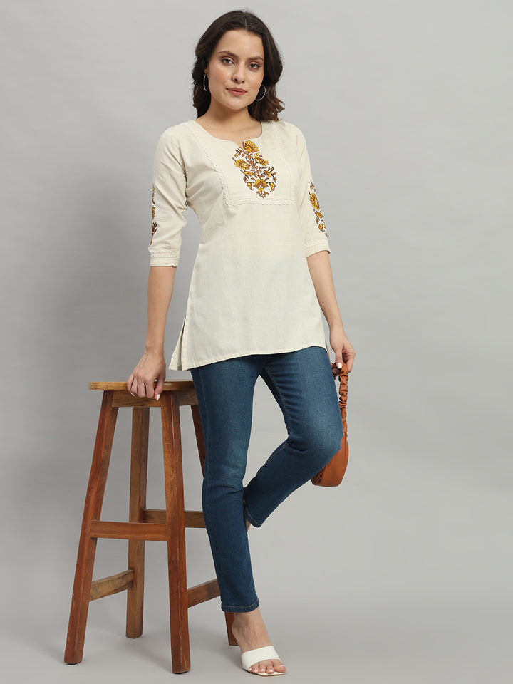 Cream short Kurti with Floral Design